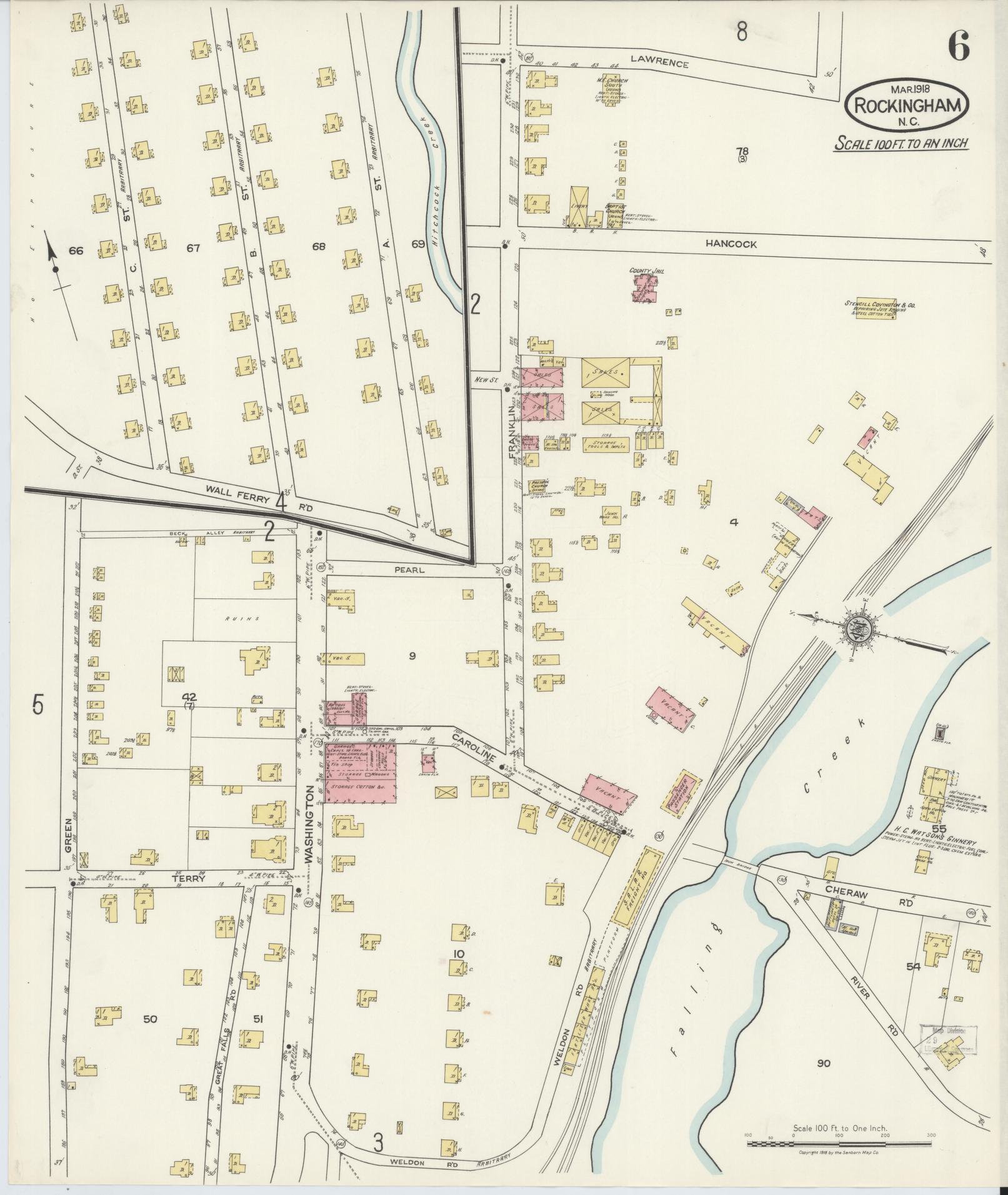 Sanborn Fire Insurance Map from Rockingham, Richmond County, North Carolina (1918), Sheet #0006 - Historic Sanborn Fire Insurance Map Print, vintage old map wall art, antique decor, genealogy gift, North Carolina North Carolina map