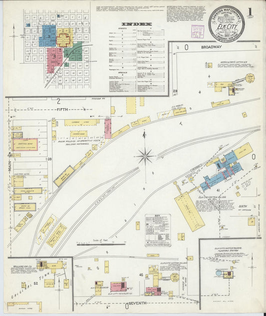 Sanborn Fire Insurance Map from Elk City, Beckham County, Oklahoma (1907), Sheet #0001 - Historic Sanborn Fire Insurance Map Print, vintage old map wall art, antique decor, genealogy gift, Oklahoma Oklahoma map