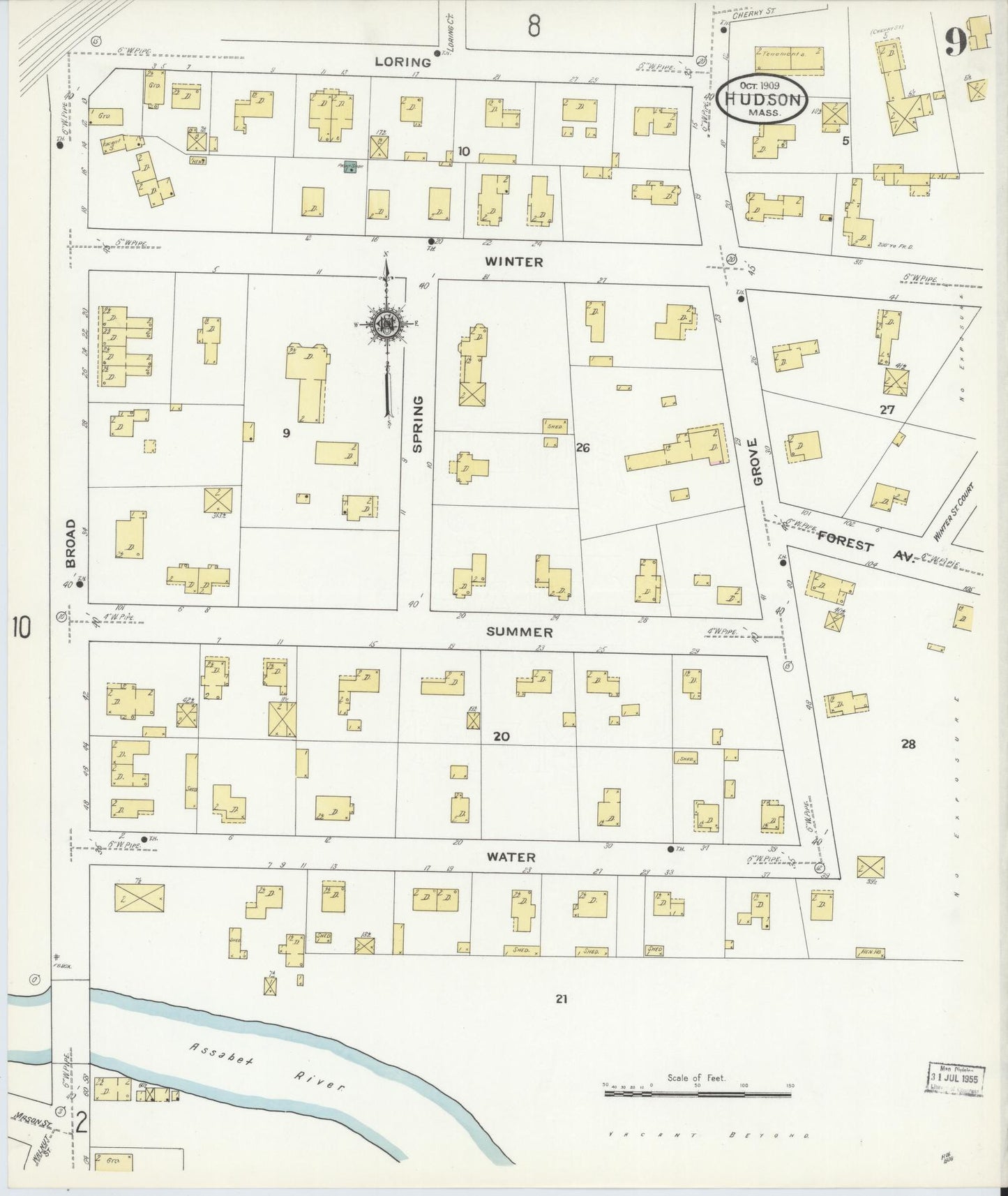 Sanborn Fire Insurance Map from Hudson, Middlesex County, Massachusetts (1909), Sheet #0009 - Historic Sanborn Fire Insurance Map Print, vintage old map wall art, antique decor, genealogy gift, Massachusetts Massachusetts map
