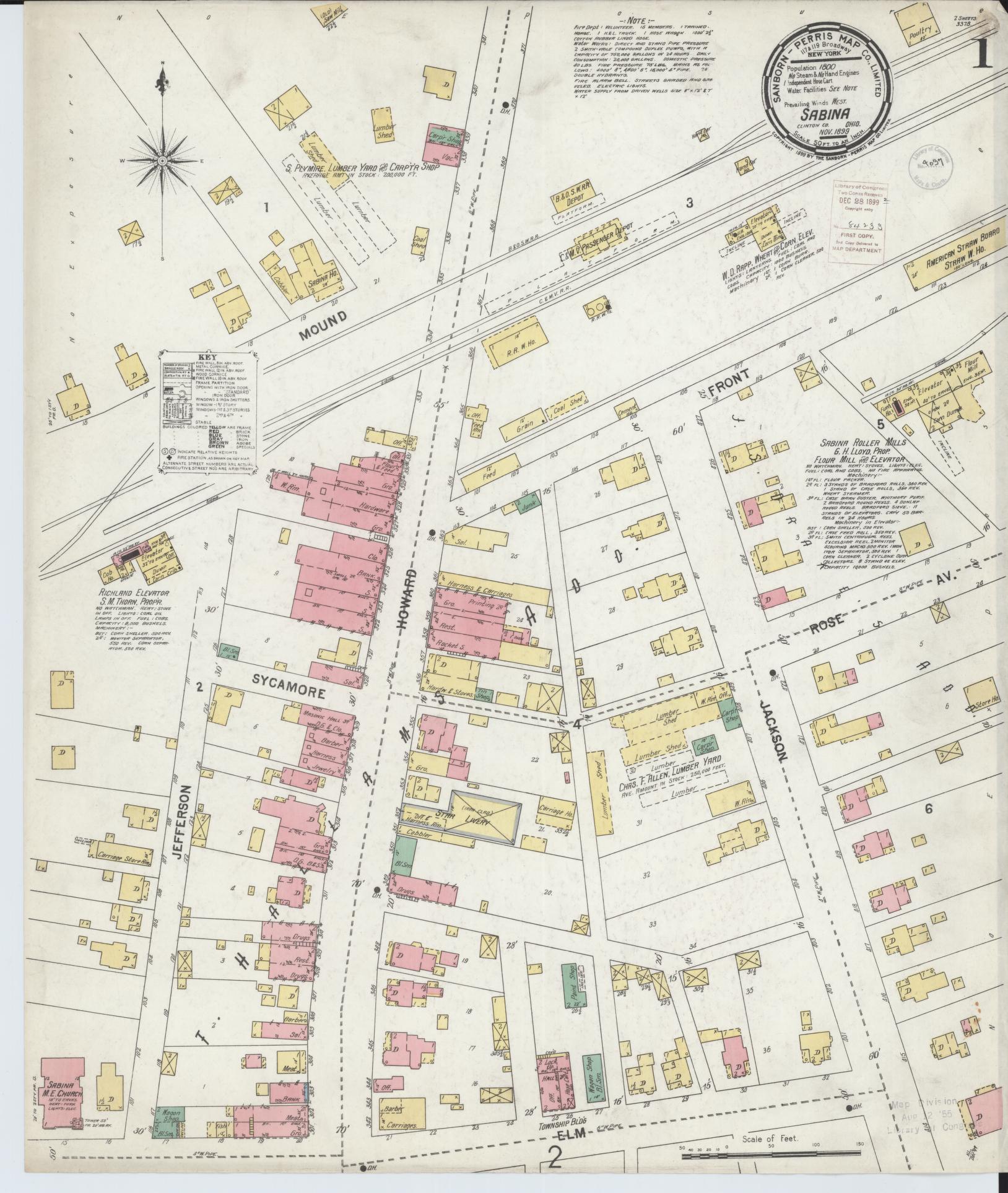 Sanborn Fire Insurance Map from Sabina, Clinton County, Ohio (1899), Sheet #0001 - Historic Sanborn Fire Insurance Map Print, vintage old map wall art, antique decor, genealogy gift, Ohio Ohio map