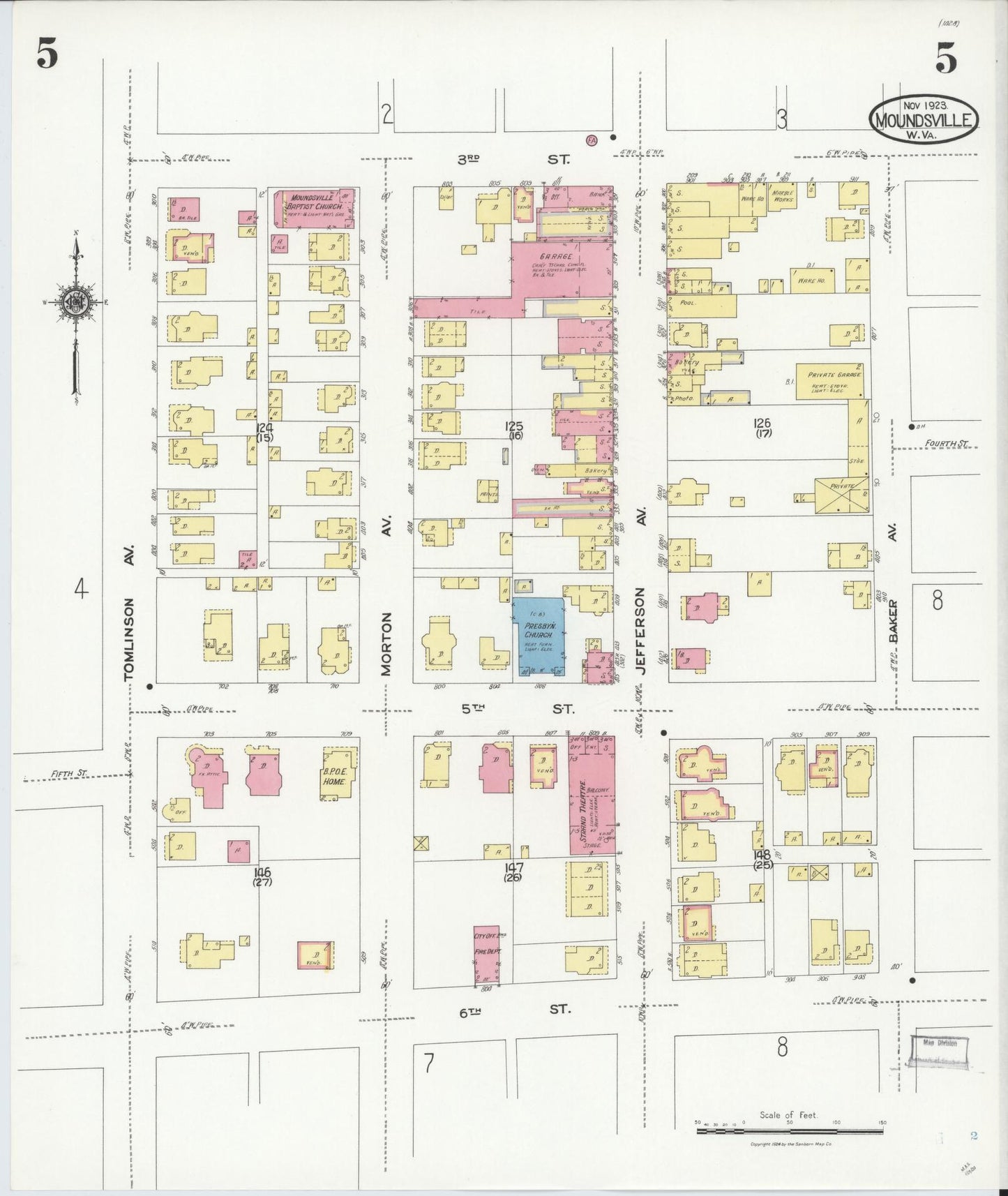 Sanborn Fire Insurance Map from Moundsville, Marshall County, West Virginia (1923), Sheet #0005 - Historic Sanborn Fire Insurance Map Print, vintage old map wall art, antique decor, genealogy gift, West Virginia West Virginia map