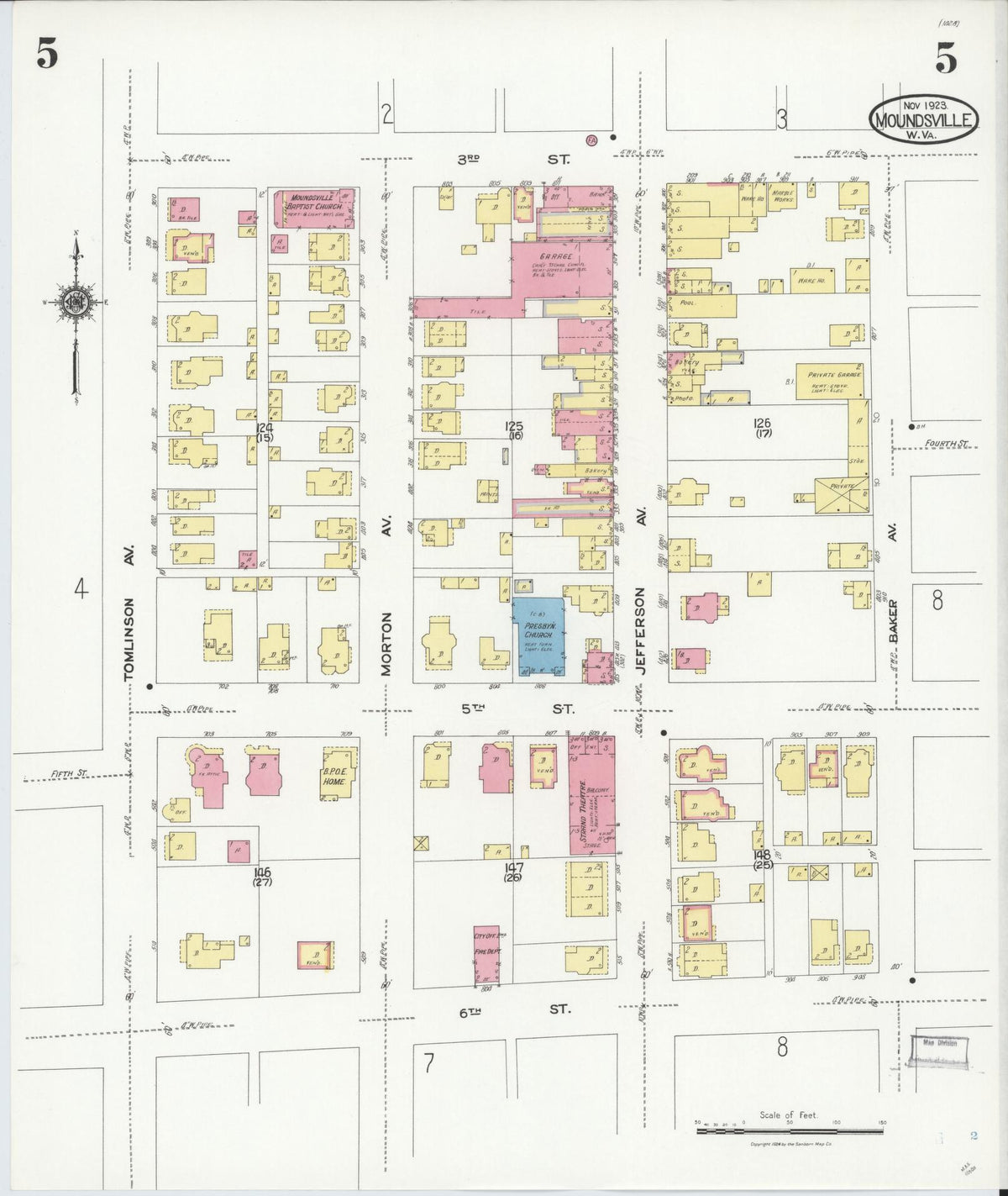 Sanborn Fire Insurance Map from Moundsville, Marshall County, West Virginia (1923), Sheet #0005 - Historic Sanborn Fire Insurance Map Print, vintage old map wall art, antique decor, genealogy gift, West Virginia West Virginia map