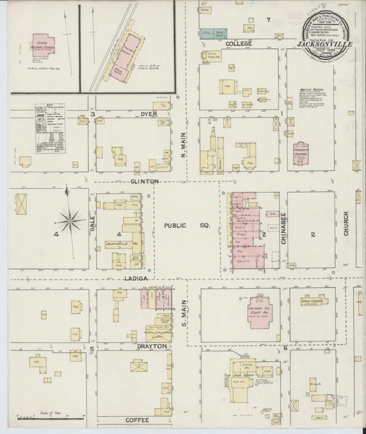 Sanborn Fire Insurance Map from Jacksonville, Calhoun County, Alabama (1889), Sheet #0001 - Historic Sanborn Fire Insurance Map Print, vintage old map wall art, antique decor, genealogy gift, Alabama Alabama map