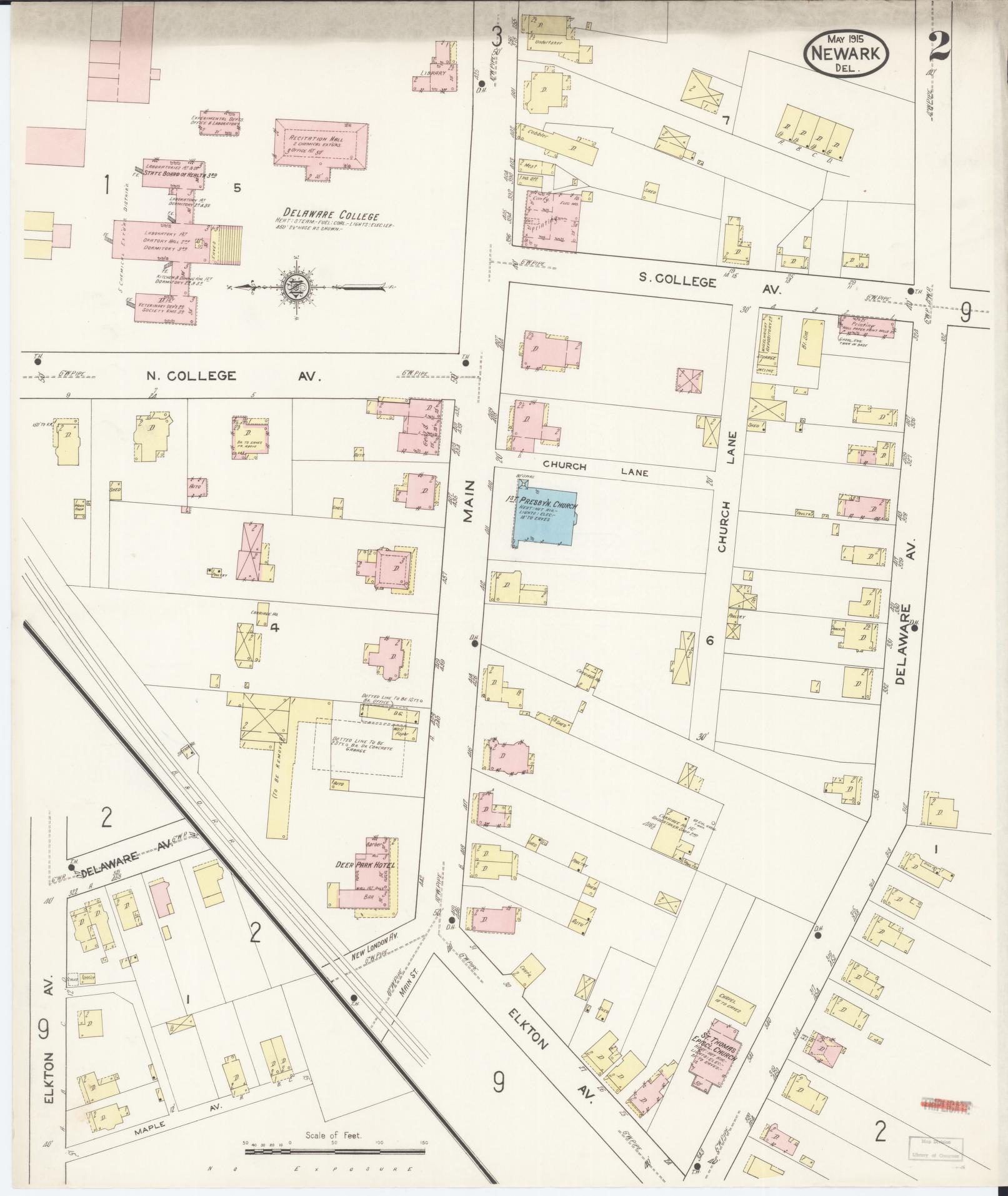 Sanborn Fire Insurance Map from Newark, New Castle County, Delaware (1915), Sheet #0002 - Complete Map Set gallery image, historic Sanborn map, vintage wall art, Delaware Delaware