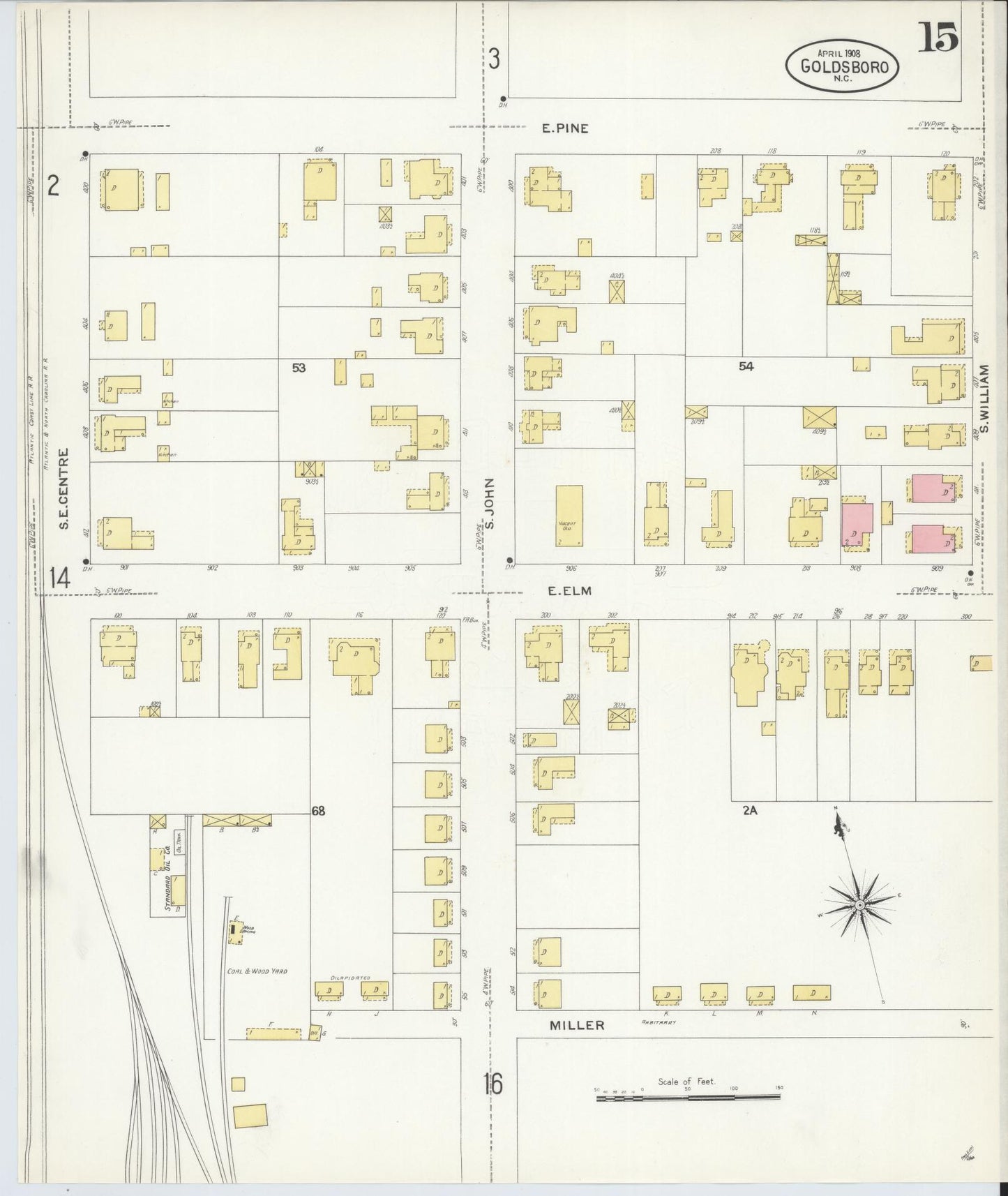 Sanborn Fire Insurance Map from Goldsboro, Wayne County, North Carolina (1908), Sheet #0015 - Complete Map Set gallery image, historic Sanborn map, vintage wall art, North Carolina North Carolina