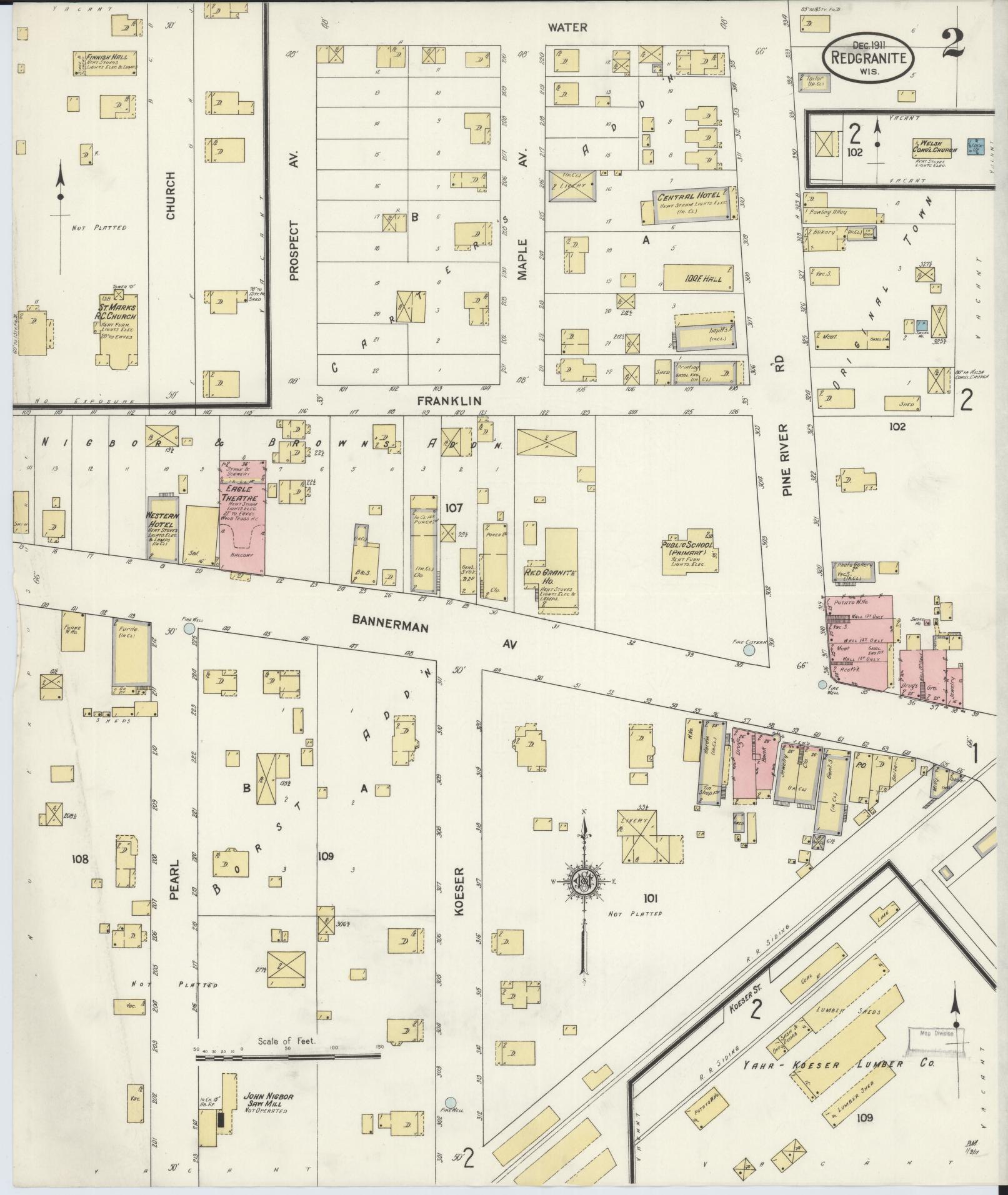 Sanborn Fire Insurance Map from Red Granite, Waushara County, Wisconsin (1911), Sheet #0002 - Historic Sanborn Fire Insurance Map Print, vintage old map wall art, antique decor, genealogy gift, Wisconsin Wisconsin map