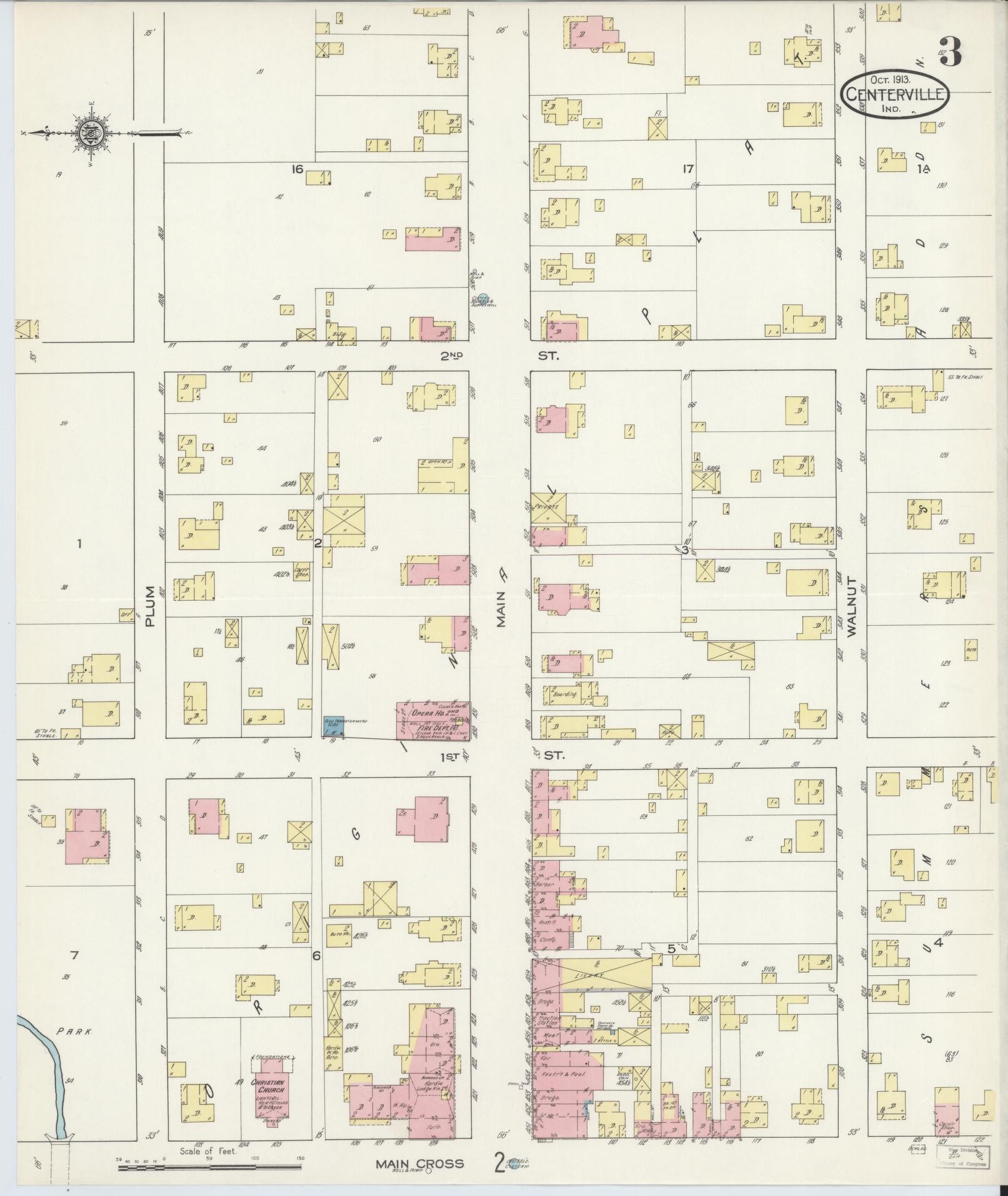 Sanborn Fire Insurance Map from Centerville, Wayne County, Indiana (1913), Sheet #0003 - Historic Sanborn Fire Insurance Map Print, vintage old map wall art, antique decor, genealogy gift, Indiana Indiana map