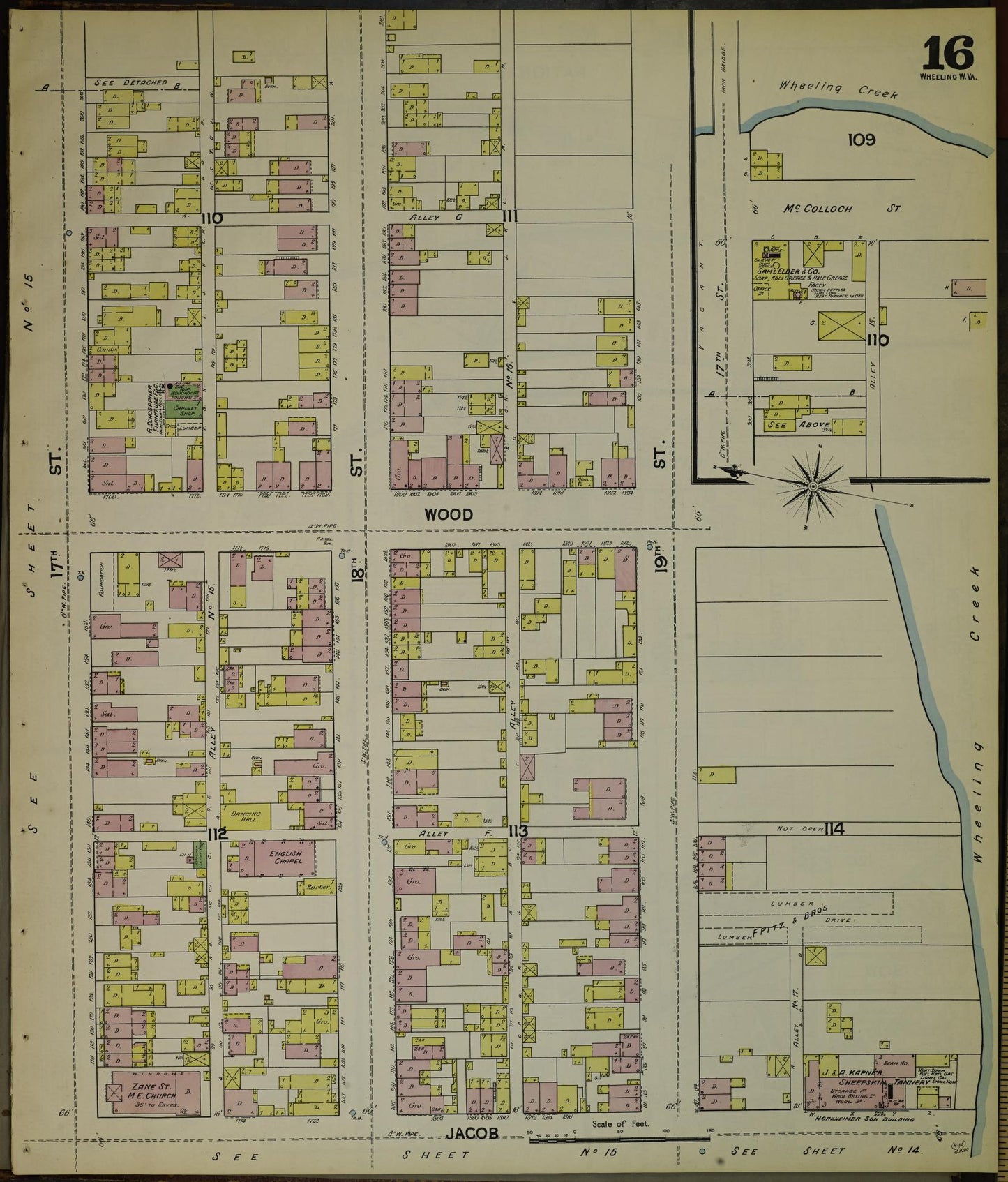 Sanborn Fire Insurance Map from Wheeling, Ohio County, West Virginia (1890), Sheet #0016 - Historic Sanborn Fire Insurance Map Print, vintage old map wall art, antique decor, genealogy gift, West Virginia West Virginia map