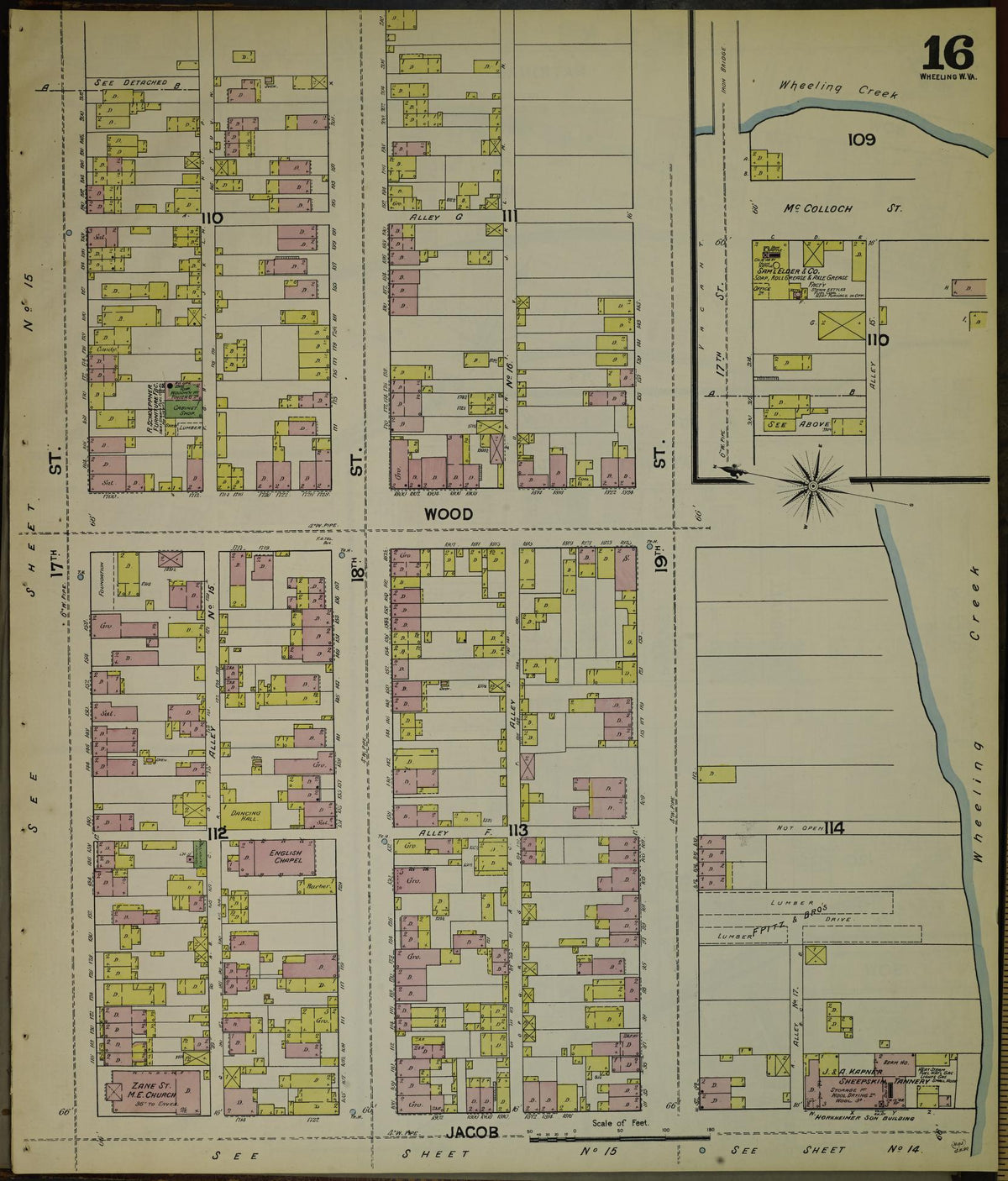 Sanborn Fire Insurance Map from Wheeling, Ohio County, West Virginia (1890), Sheet #0016 - Historic Sanborn Fire Insurance Map Print, vintage old map wall art, antique decor, genealogy gift, West Virginia West Virginia map
