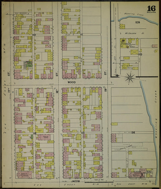 Sanborn Fire Insurance Map from Wheeling, Ohio County, West Virginia (1890), Sheet #0016 - Historic Sanborn Fire Insurance Map Print, vintage old map wall art, antique decor, genealogy gift, West Virginia West Virginia map