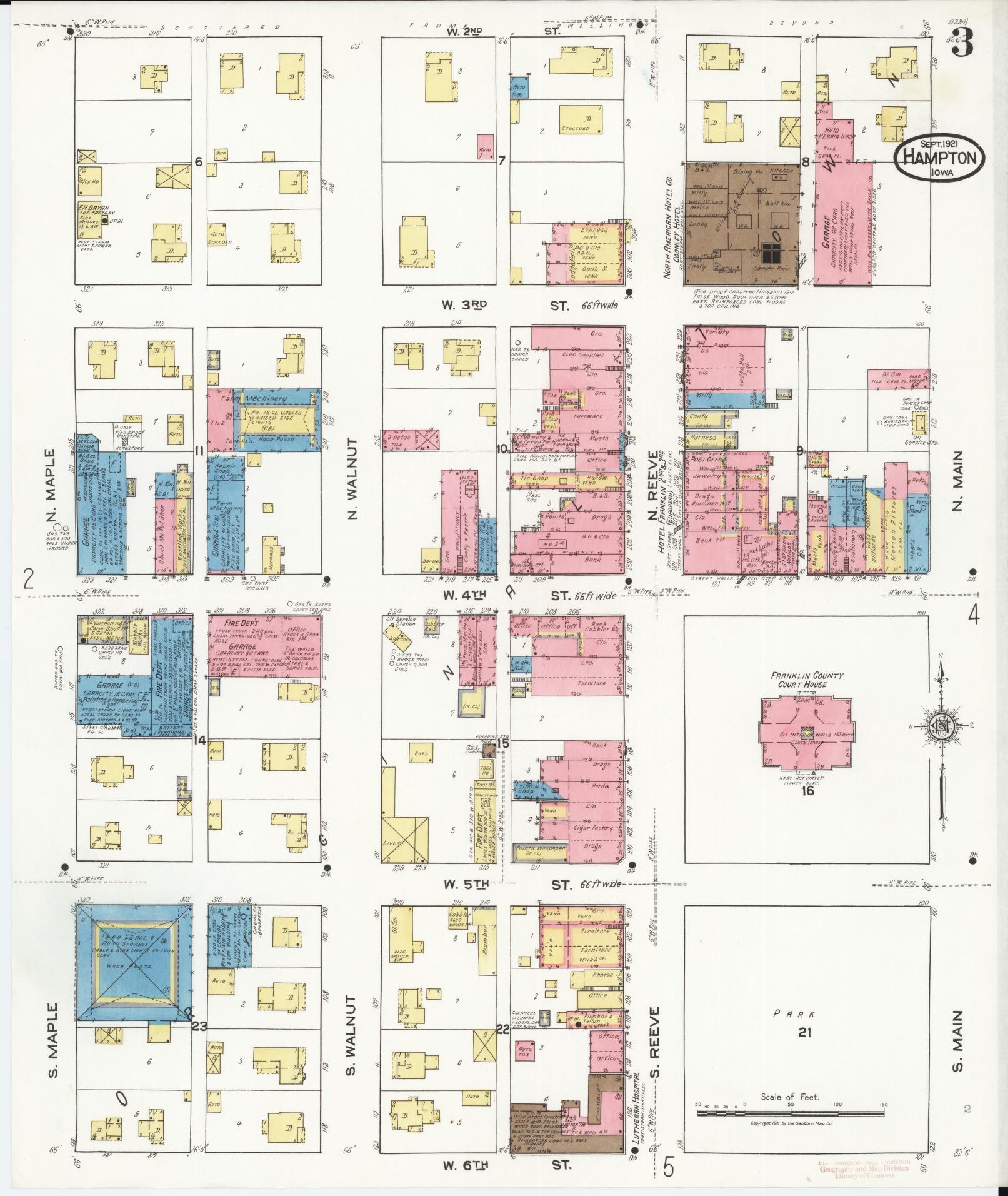 Sanborn Fire Insurance Map from Hampton, Franklin County, Iowa (1921), Sheet #0003 - Historic Sanborn Fire Insurance Map Print, vintage old map wall art