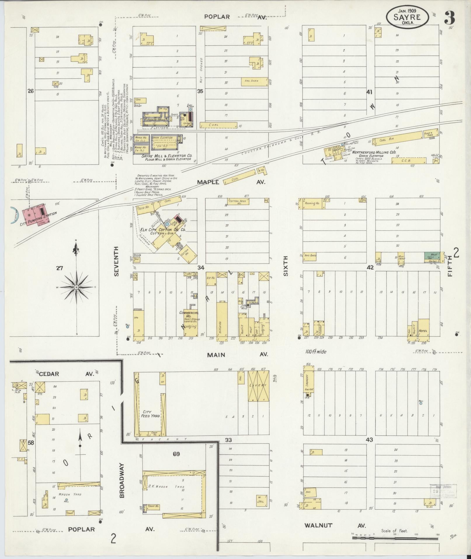 Sanborn Fire Insurance Map from Sayre, Beckham County, Oklahoma (1909), Sheet #0003 - Historic Sanborn Fire Insurance Map Print, vintage old map wall art, antique decor, genealogy gift, Oklahoma Oklahoma map