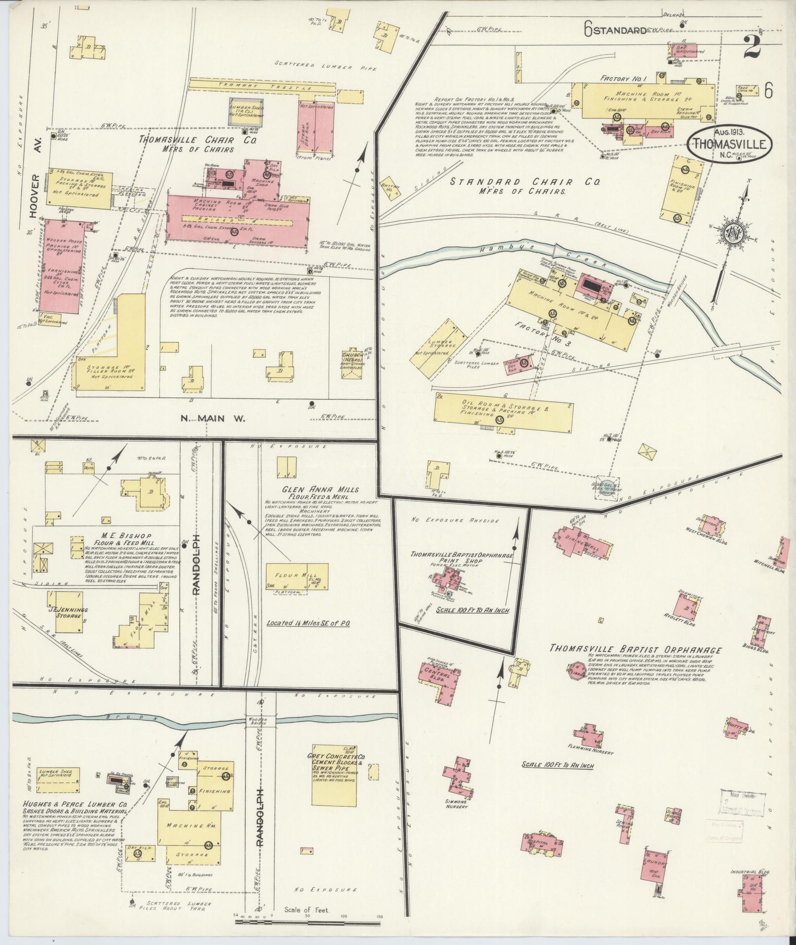 Sanborn Fire Insurance Map from Thomasville, Davidson County, North Carolina (1913), Sheet #0002 - Historic Sanborn Fire Insurance Map Print, vintage old map wall art, antique decor, genealogy gift, North Carolina North Carolina map