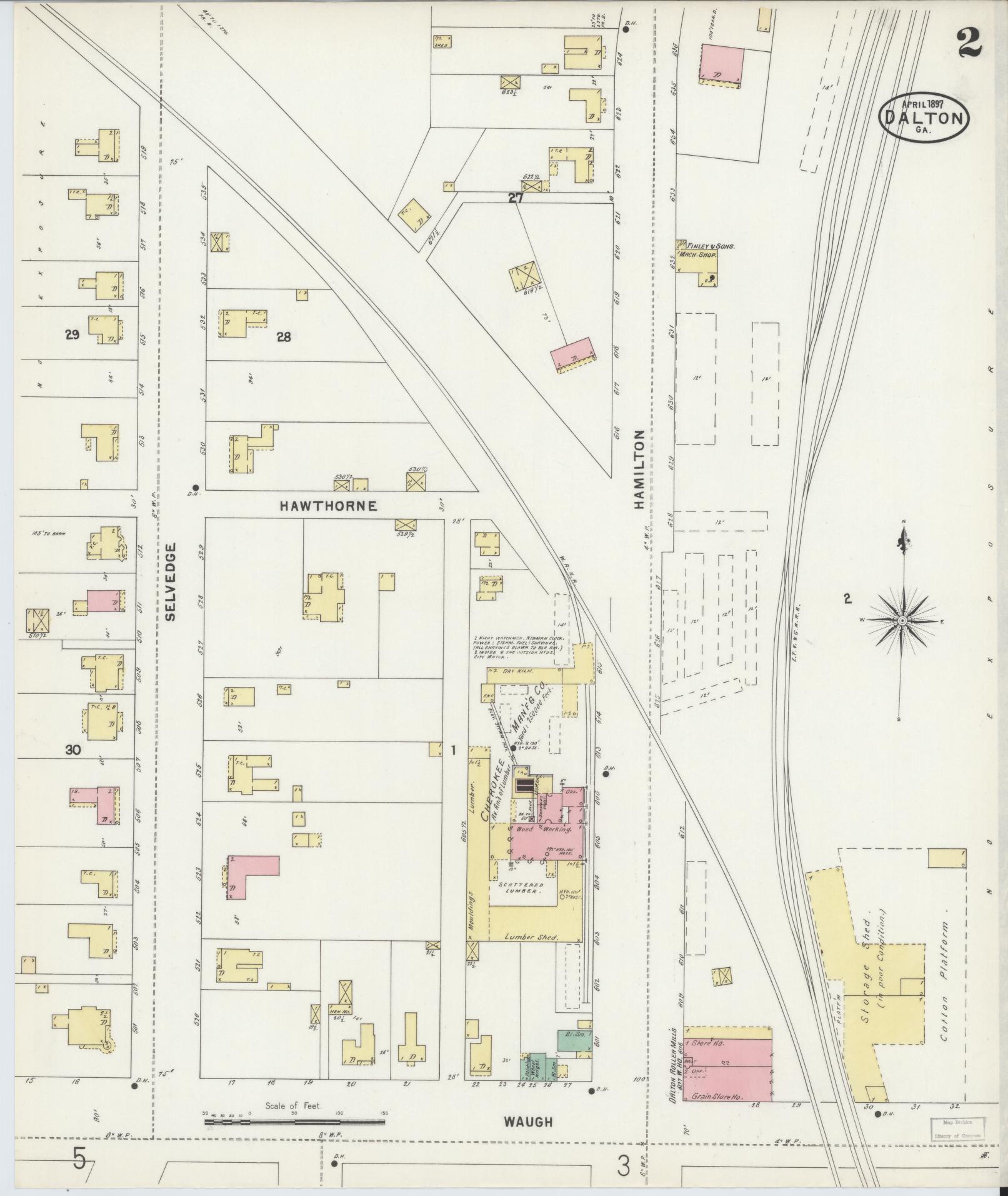Sanborn Fire Insurance Map from Dalton, Whitfield County, Georgia (1897), Sheet #0002 - Historic Sanborn Fire Insurance Map Print, vintage old map wall art, antique decor, genealogy gift, Georgia Georgia map