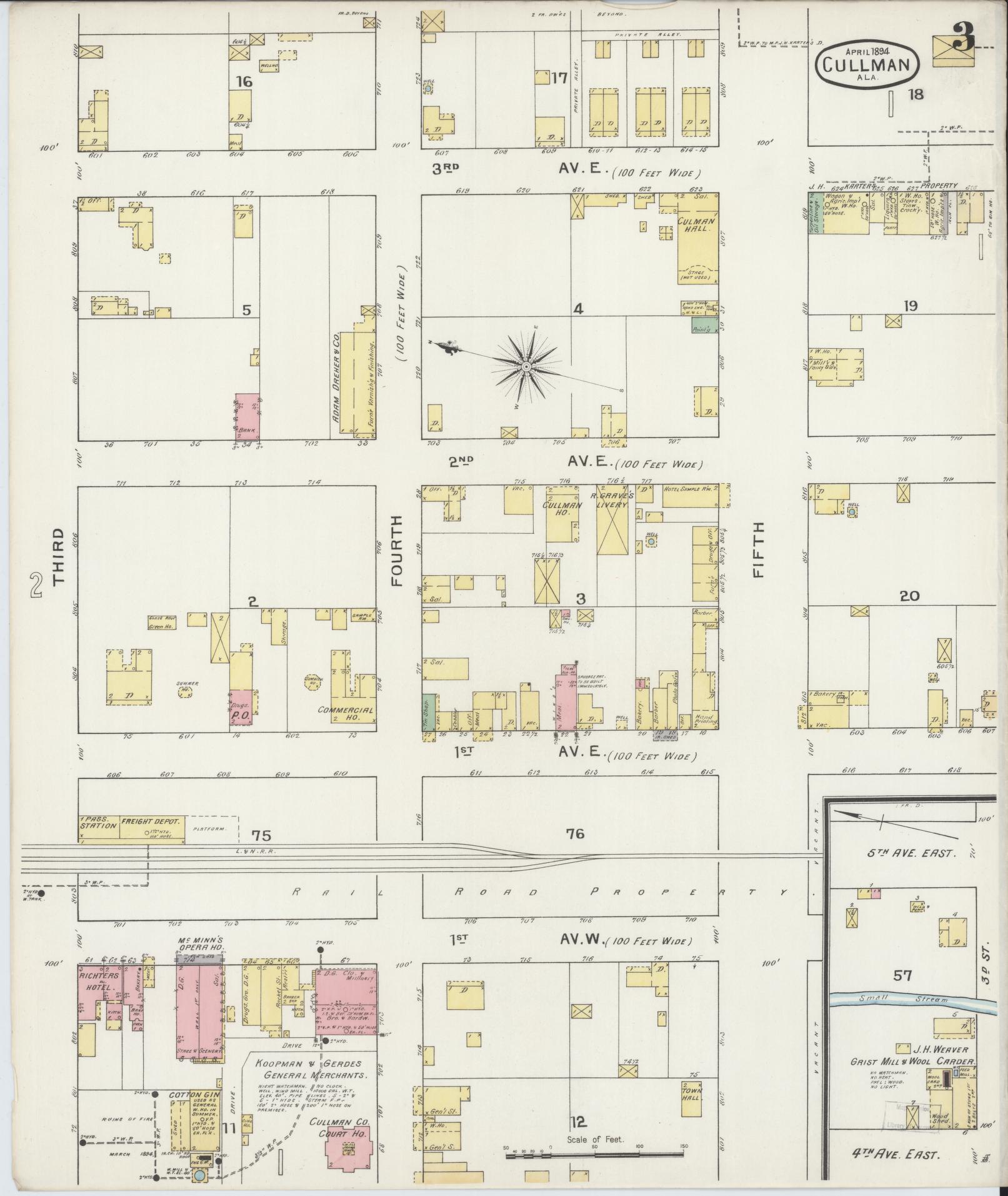 Sanborn Fire Insurance Map from Cullman, Cullman County, Alabama (1894), Sheet #0003 - Historic Sanborn Fire Insurance Map Print, vintage old map wall art, antique decor, genealogy gift, Alabama Alabama map