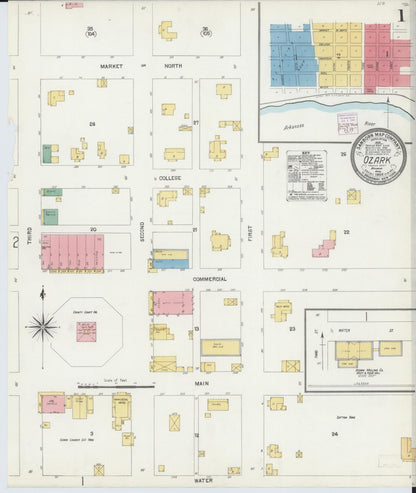 Sanborn Fire Insurance Map from Ozark, Franklin County, Arkansas (1904), Sheet #0001 - Complete Map Set gallery image, historic Sanborn map, vintage wall art, Arkansas Arkansas