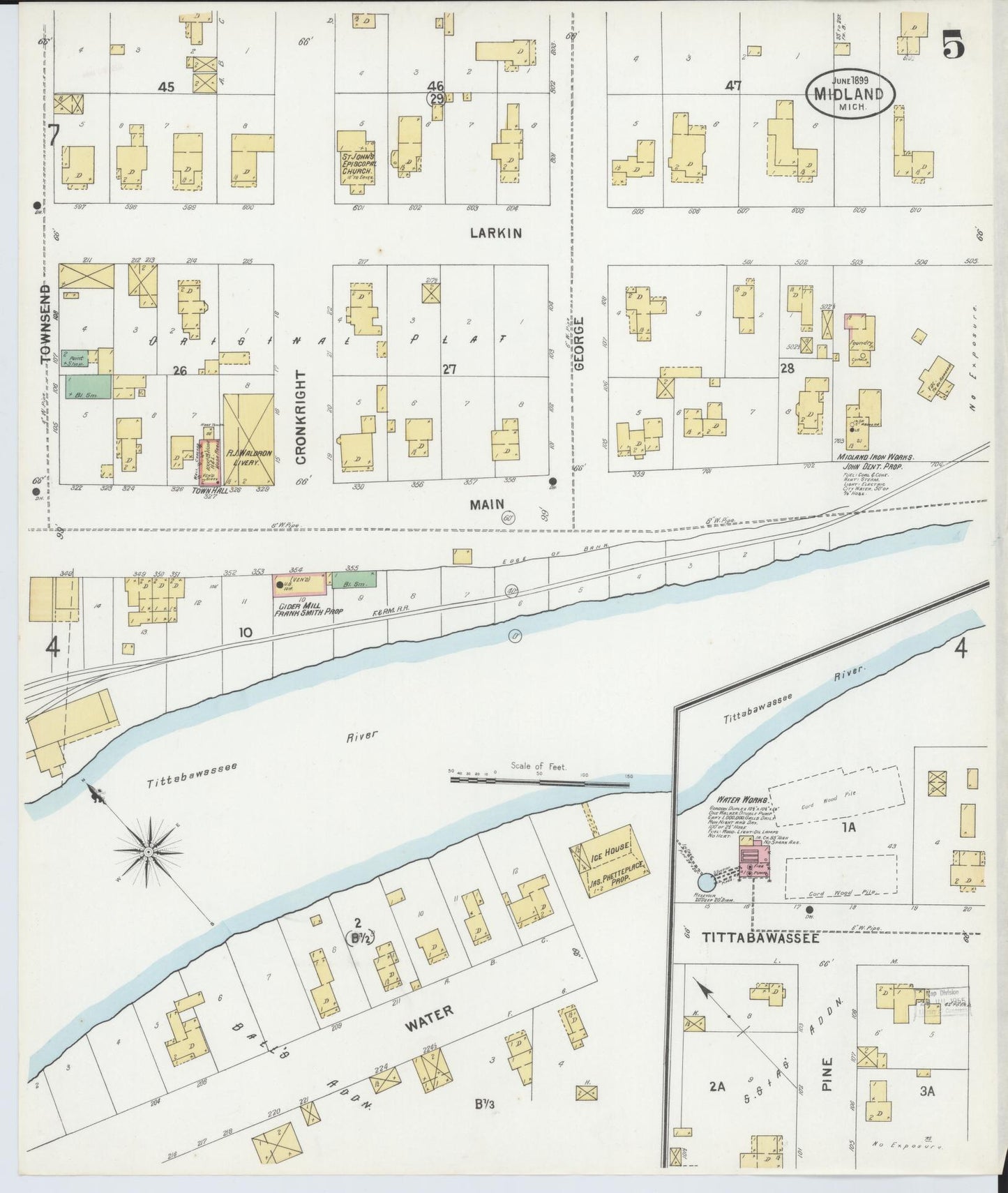 Sanborn Fire Insurance Map from Midland, Midland County, Michigan (1899), Sheet #0005 - Complete Map Set gallery image, historic Sanborn map, vintage wall art, Michigan Michigan