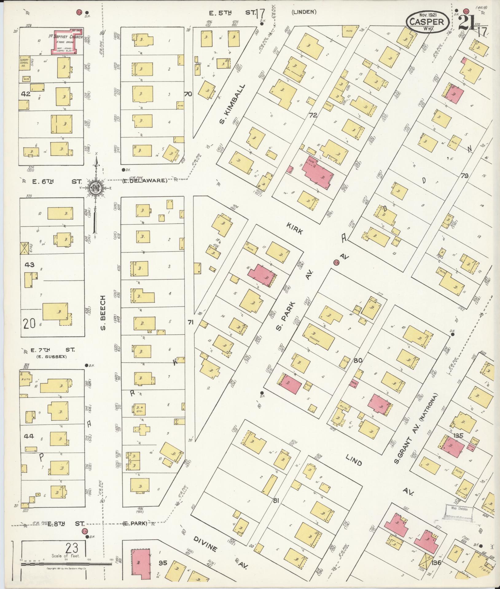 Sanborn Fire Insurance Map from Casper, Natrona County, Wyoming (1921), Sheet #0022 - Complete Map Set gallery image, historic Sanborn map, vintage wall art, Wyoming Wyoming