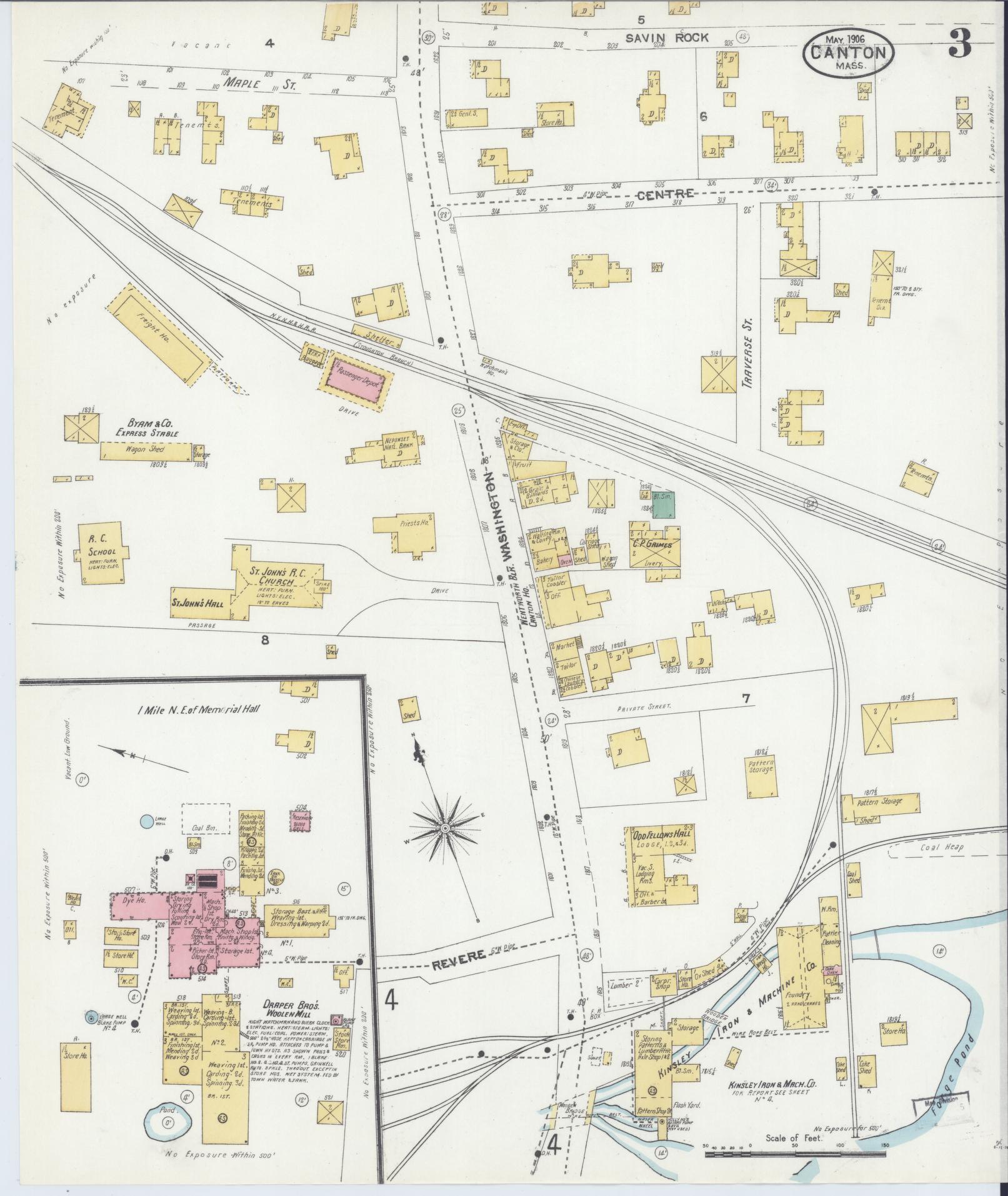 Sanborn Fire Insurance Map from Canton, Norfolk County, Massachusetts (1906), Sheet #0003 - Complete Map Set gallery image, historic Sanborn map, vintage wall art, Massachusetts Massachusetts
