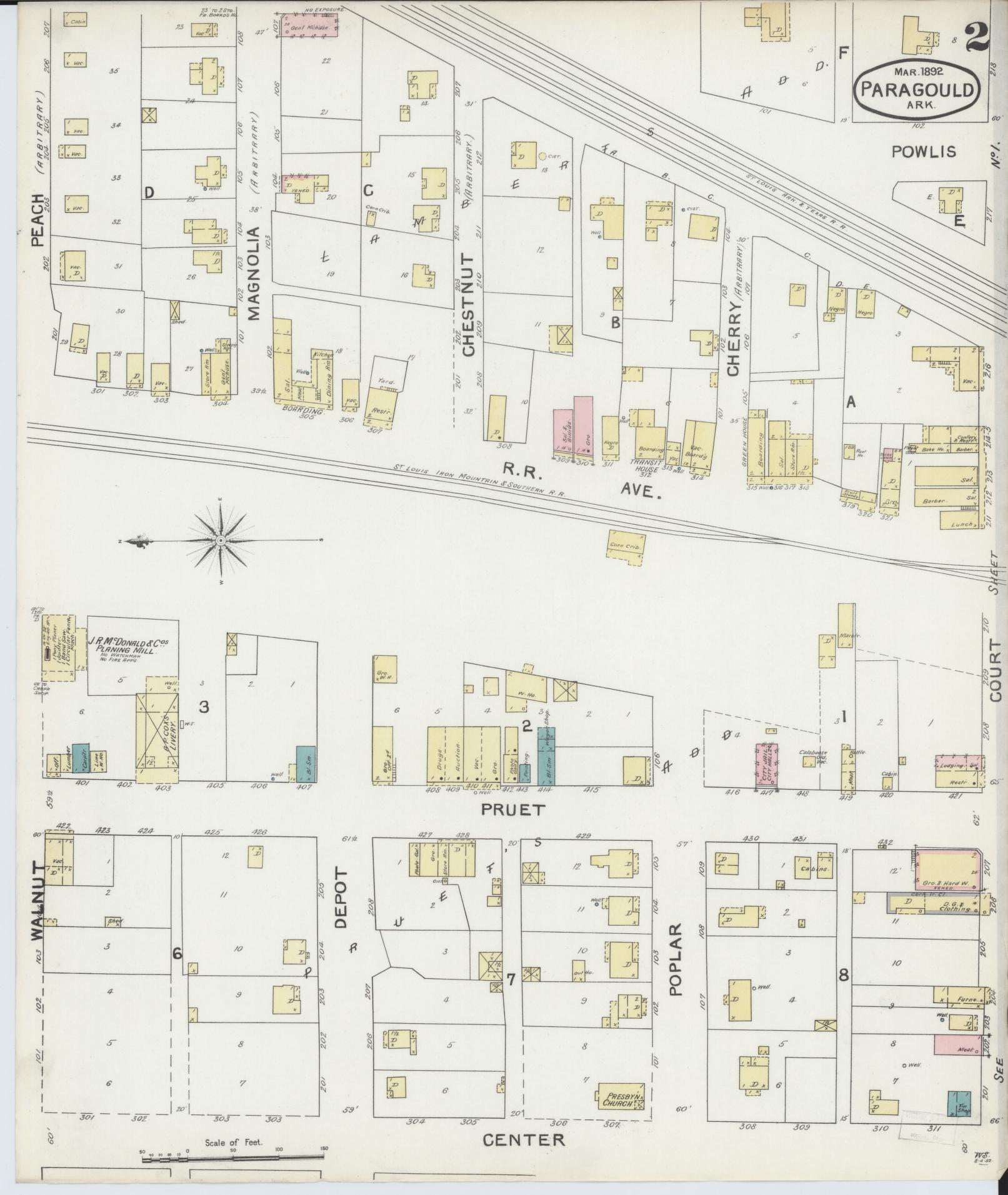 Sanborn Fire Insurance Map from Paragould, Greene County, Arkansas (1892), Sheet #0002 - Complete Map Set gallery image, historic Sanborn map, vintage wall art, Arkansas Arkansas