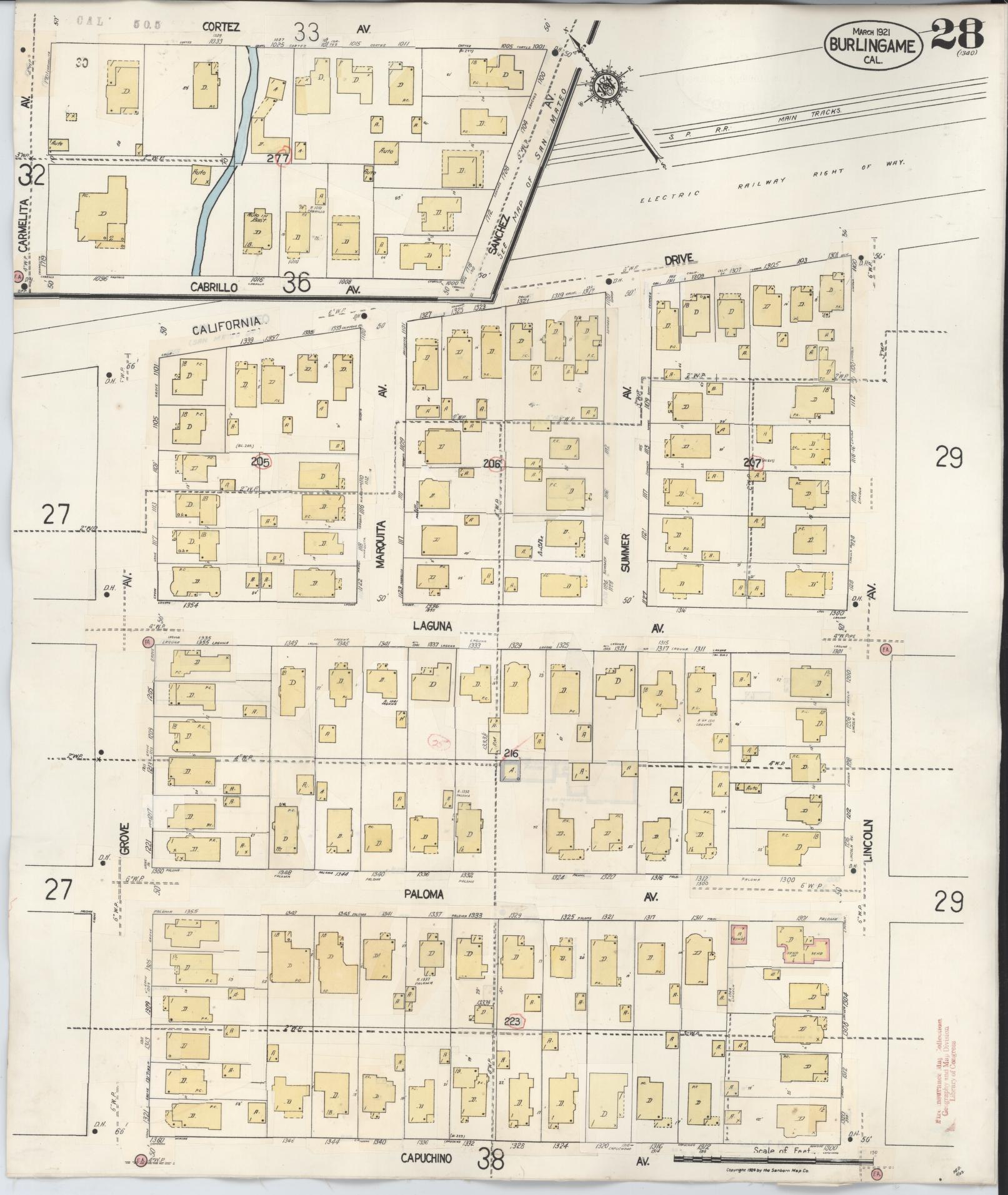 Sanborn Fire Insurance Map from Burlingame, San Mateo County, California (1949), Sheet #0028 - Historic Sanborn Fire Insurance Map Print, vintage old map wall art, antique decor, genealogy gift, California California map