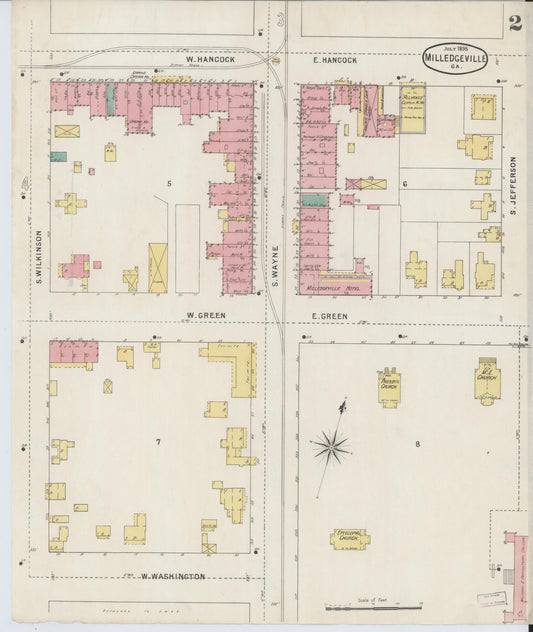 Sanborn Fire Insurance Map from Milledgeville, Baldwin County, Georgia (1895), Sheet #0002 - Historic Sanborn Fire Insurance Map Print, vintage old map wall art, antique decor, genealogy gift, Georgia Georgia map