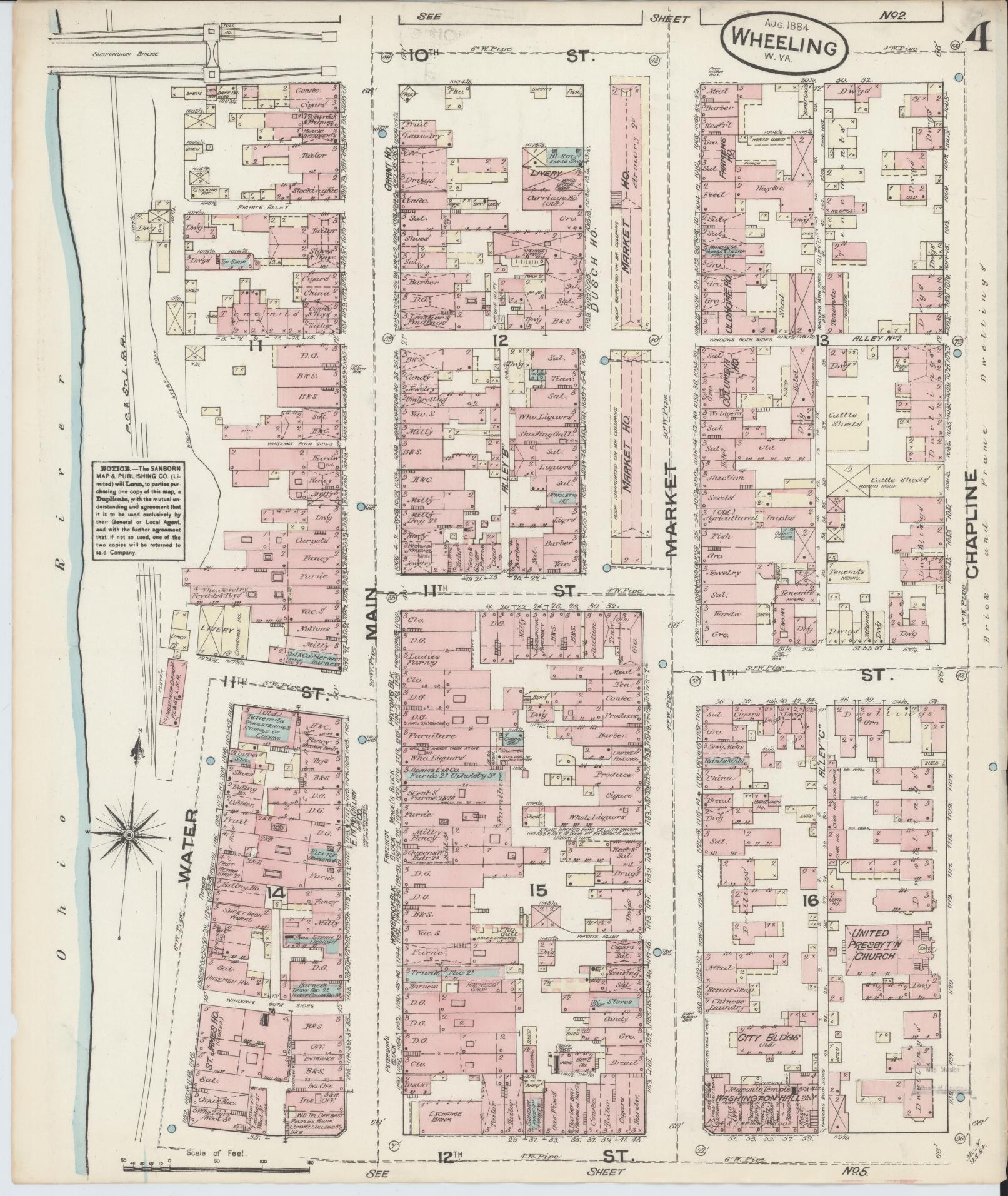 Sanborn Fire Insurance Map from Wheeling, Ohio County, West Virginia (1884), Sheet #0004 - Complete Map Set gallery image, historic Sanborn map, vintage wall art, West Virginia West Virginia