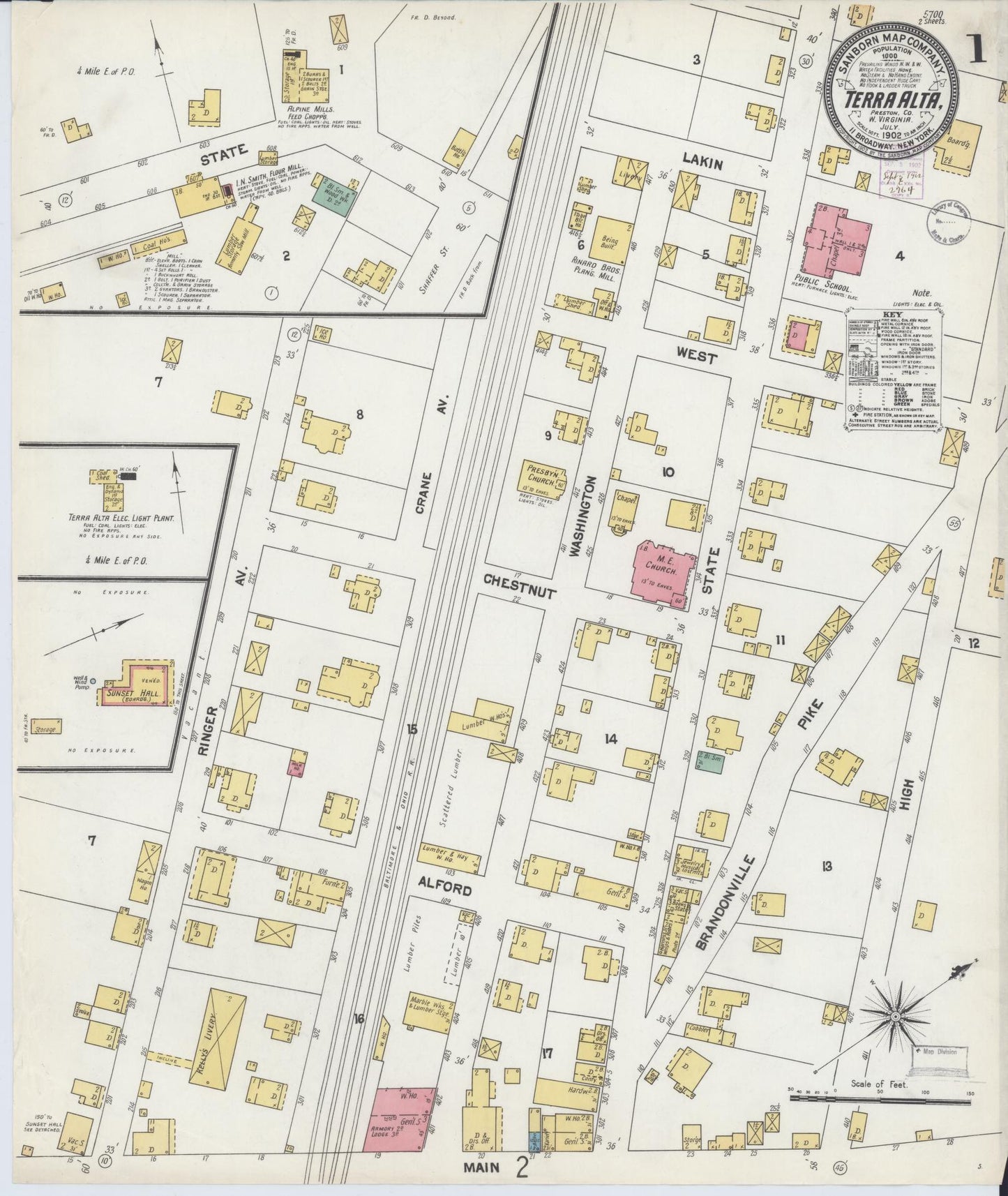 Sanborn Fire Insurance Map from Terra Alta, Preston County, West Virginia (1902), Sheet #0001 - Complete Map Set gallery image, historic Sanborn map, vintage wall art, West Virginia West Virginia