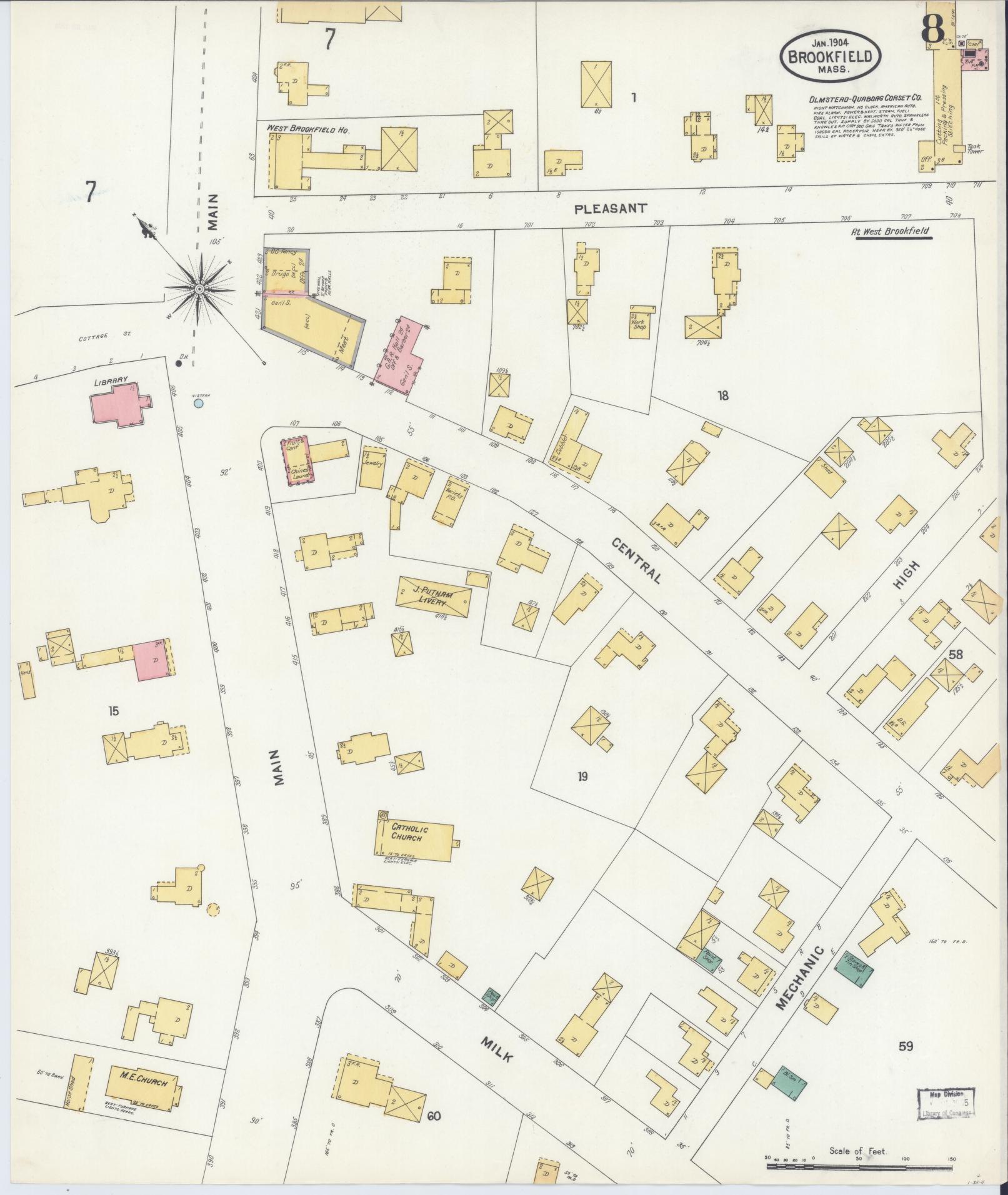 Sanborn Fire Insurance Map from Brookfield, Worcester County, Massachusetts (1904), Sheet #0008 - Complete Map Set gallery image, historic Sanborn map, vintage wall art, Massachusetts Massachusetts