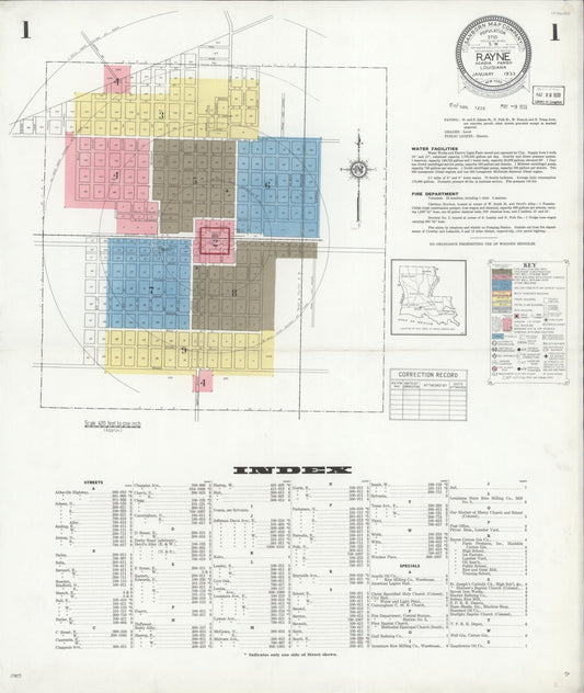 Sanborn Fire Insurance Map from Rayne, Acadia Parish, Louisiana (1933), Sheet #0001 - Historic Sanborn Fire Insurance Map Print, vintage old map wall art, antique decor, genealogy gift, Louisiana Louisiana map