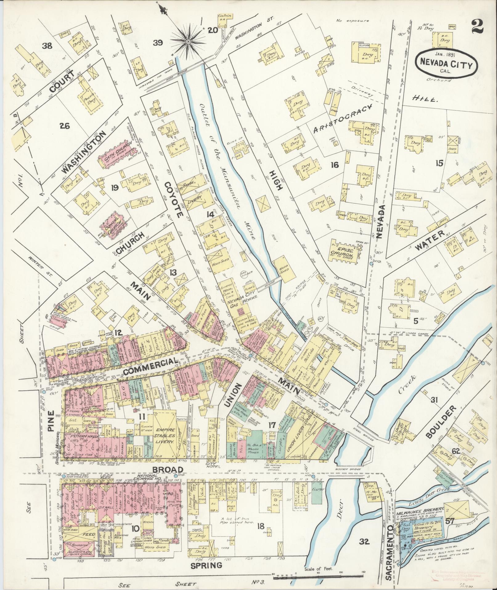 Sanborn Fire Insurance Map from Nevada City, Nevada County, California (1891), Sheet #0002 - Complete Map Set gallery image, historic Sanborn map, vintage wall art, California California