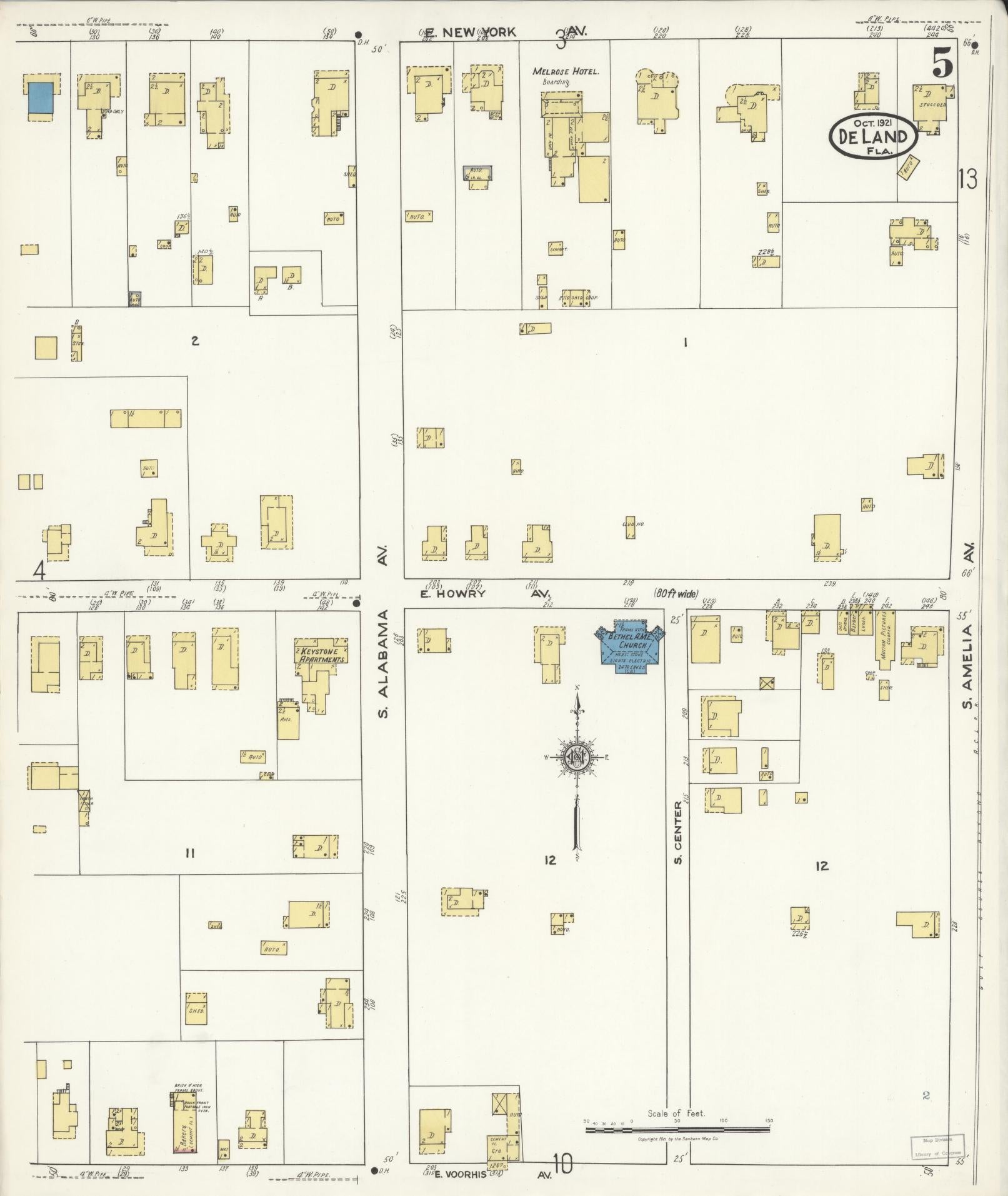 Sanborn Fire Insurance Map from De Land, Volusia County, Florida (1921), Sheet #0005 - Historic Sanborn Fire Insurance Map Print, vintage old map wall art, antique decor, genealogy gift, Florida Florida map