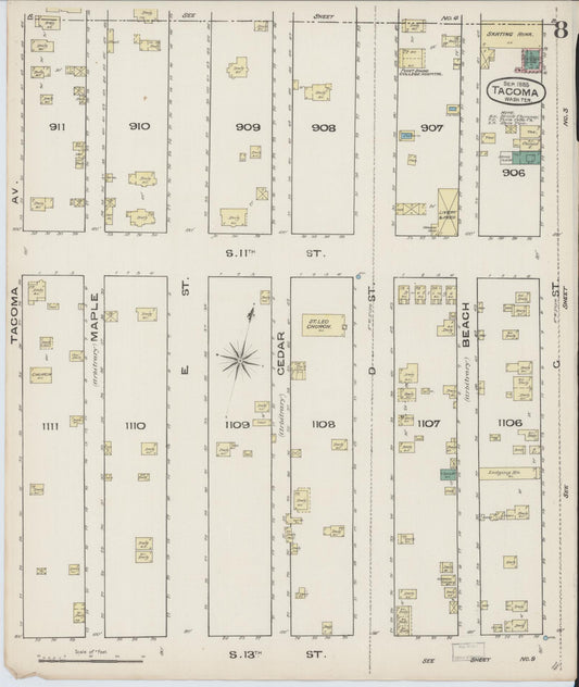 Sanborn Fire Insurance Map from Tacoma, Pierce County, Washington (1885), Sheet #0008 - Historic Sanborn Fire Insurance Map Print, vintage old map wall art, antique decor, genealogy gift, Washington Washington map