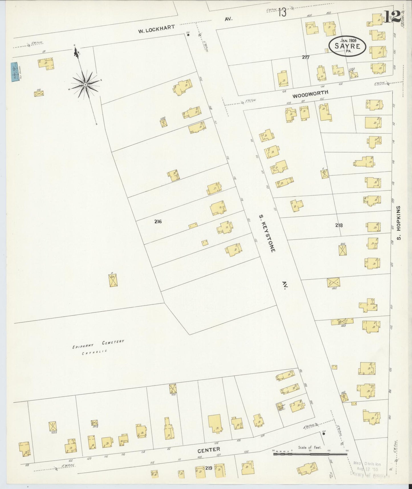 Sanborn Fire Insurance Map from Sayre, Bradford County, Pennsylvania (1909), Sheet #0012 - Complete Map Set gallery image, historic Sanborn map, vintage wall art, Pennsylvania Pennsylvania