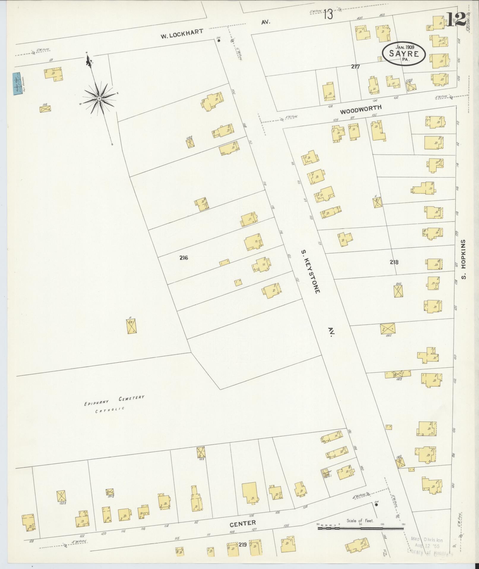 Sanborn Fire Insurance Map from Sayre, Bradford County, Pennsylvania (1909), Sheet #0012 - Complete Map Set gallery image, historic Sanborn map, vintage wall art, Pennsylvania Pennsylvania
