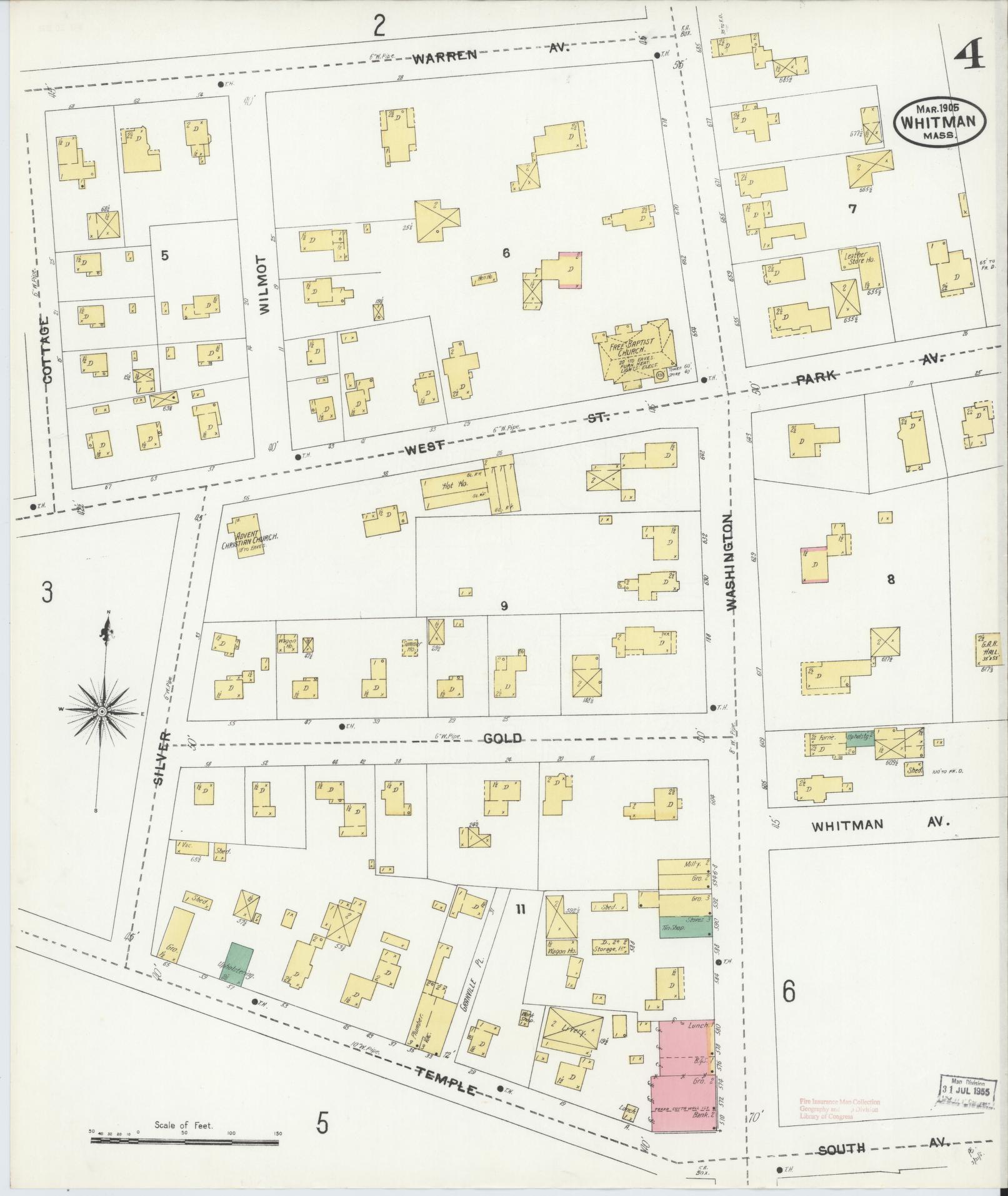 Sanborn Fire Insurance Map from Whitman, Plymouth County, Massachusetts (1905), Sheet #0004 - Complete Map Set gallery image, historic Sanborn map, vintage wall art, Massachusetts Massachusetts
