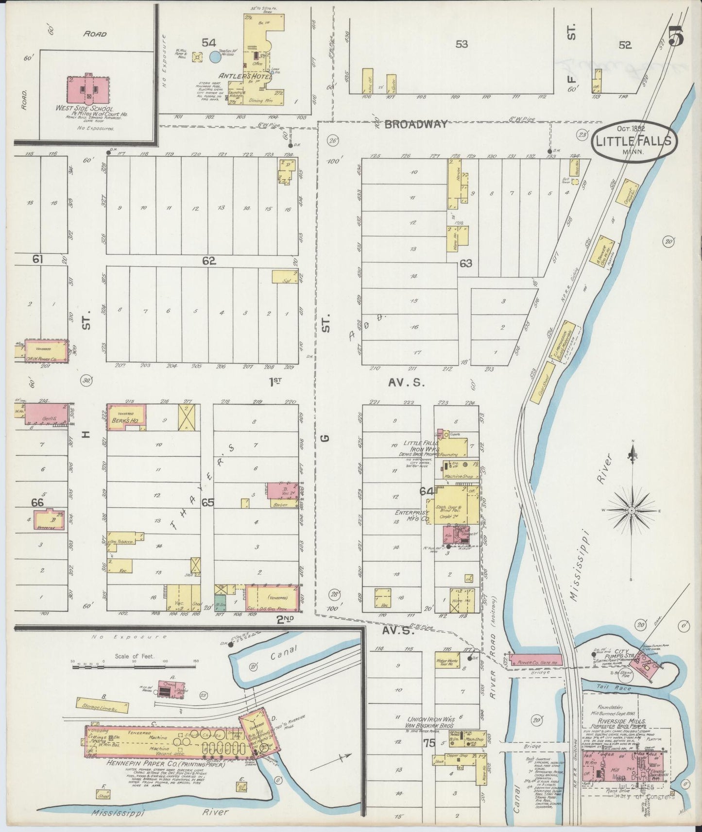 Sanborn Fire Insurance Map from Little Falls, Morrison County, Minnesota (1892), Sheet #0005 - Historic Sanborn Fire Insurance Map Print, vintage old map wall art, antique decor, genealogy gift, Minnesota Minnesota map