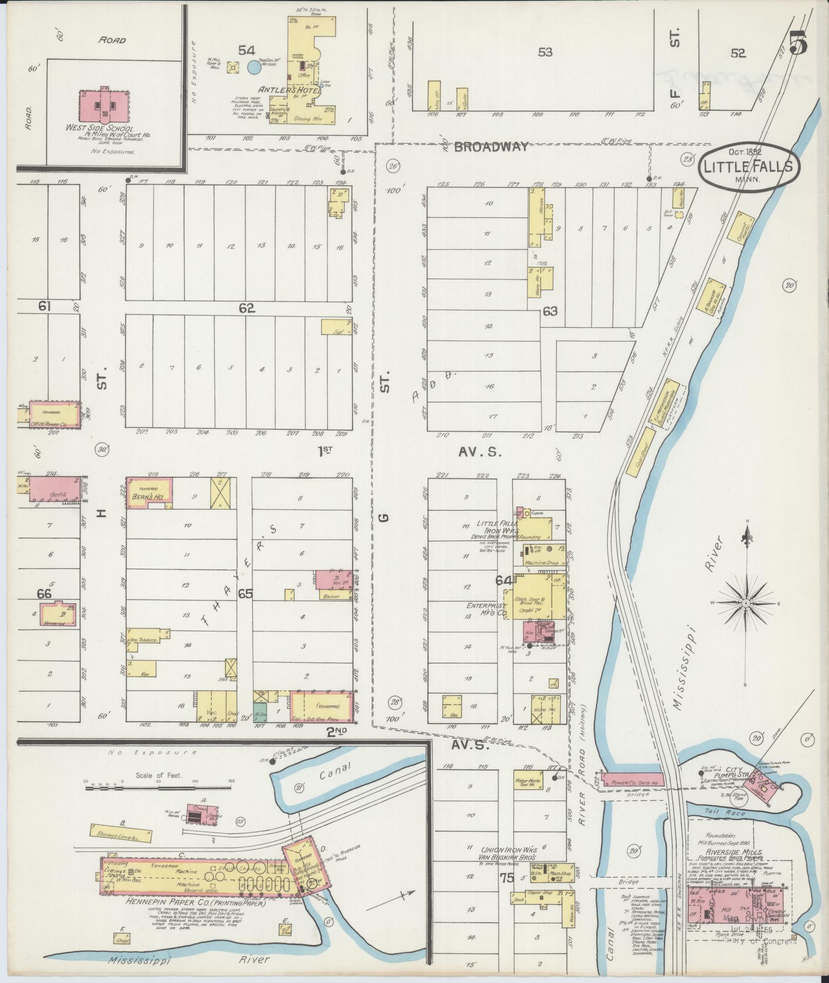 Sanborn Fire Insurance Map from Little Falls, Morrison County, Minnesota (1892), Sheet #0005 - Historic Sanborn Fire Insurance Map Print, vintage old map wall art, antique decor, genealogy gift, Minnesota Minnesota map
