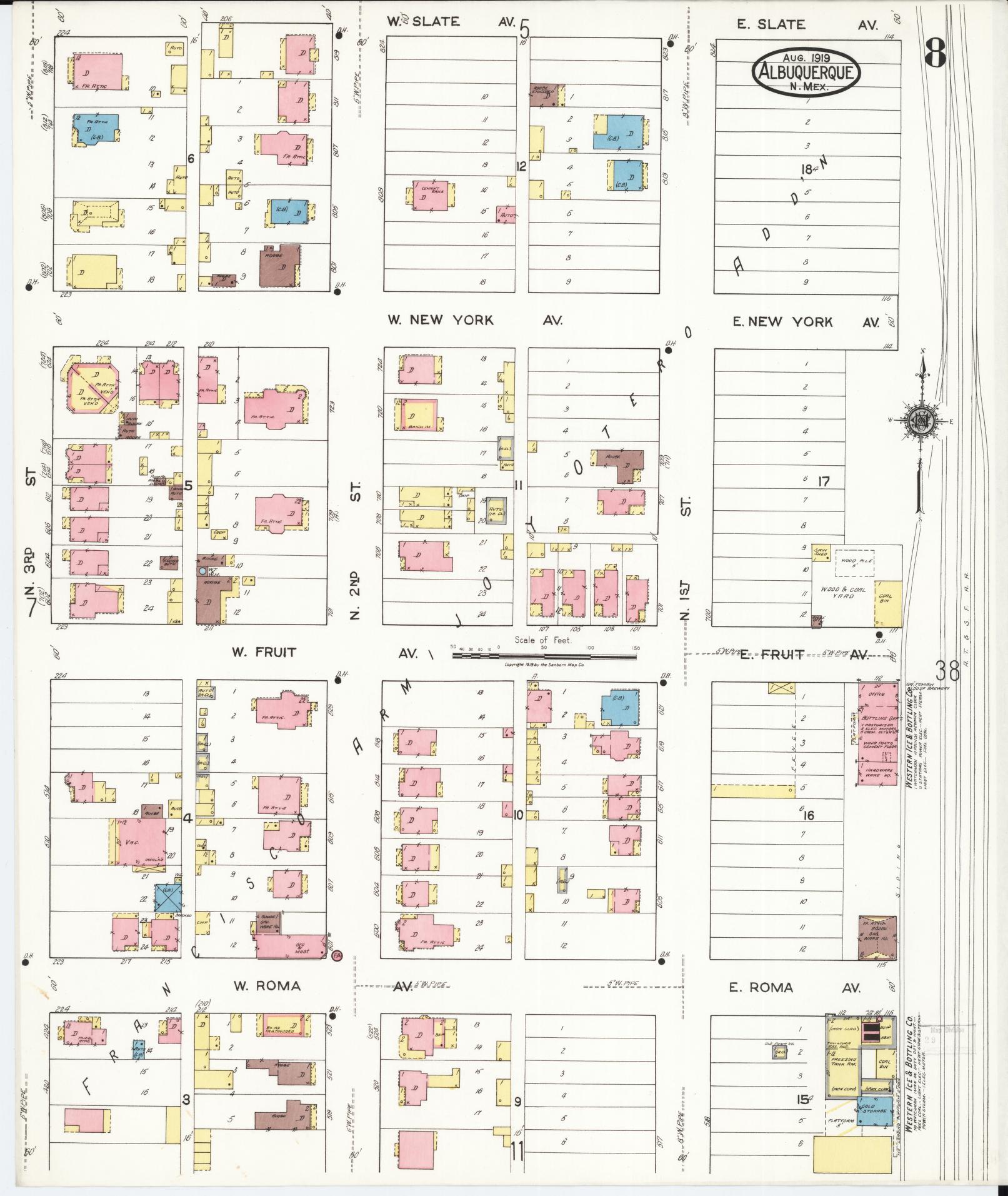 Sanborn Fire Insurance Map from Albuquerque, Bernalillo County, New Mexico (1919), Sheet #0008 - Complete Map Set gallery image, historic Sanborn map, vintage wall art, New Mexico New Mexico