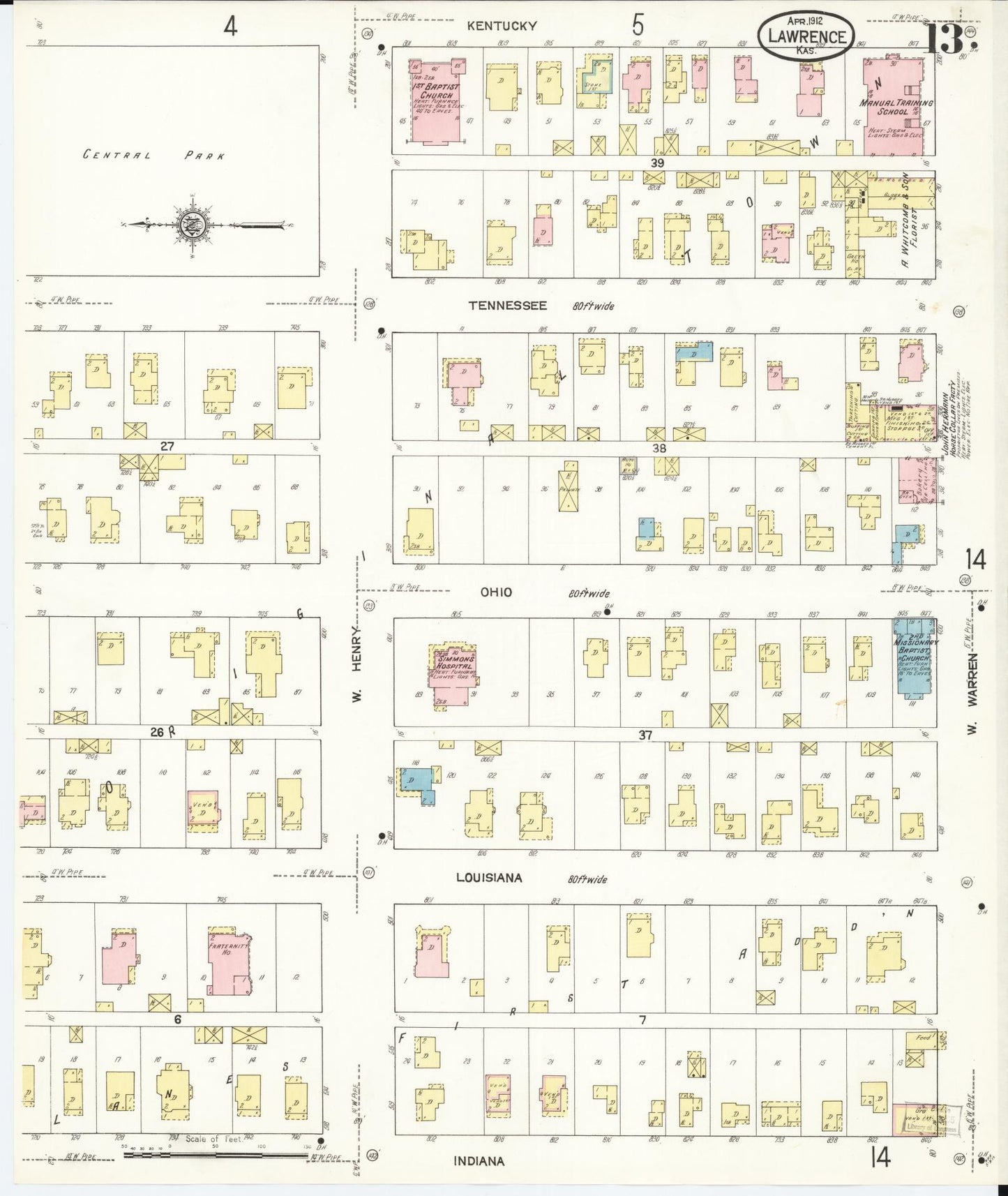 Sanborn Fire Insurance Map from Lawrence, Douglas County, Kansas (1912), Sheet #0013 - Complete Map Set gallery image, historic Sanborn map, vintage wall art, Kansas Kansas