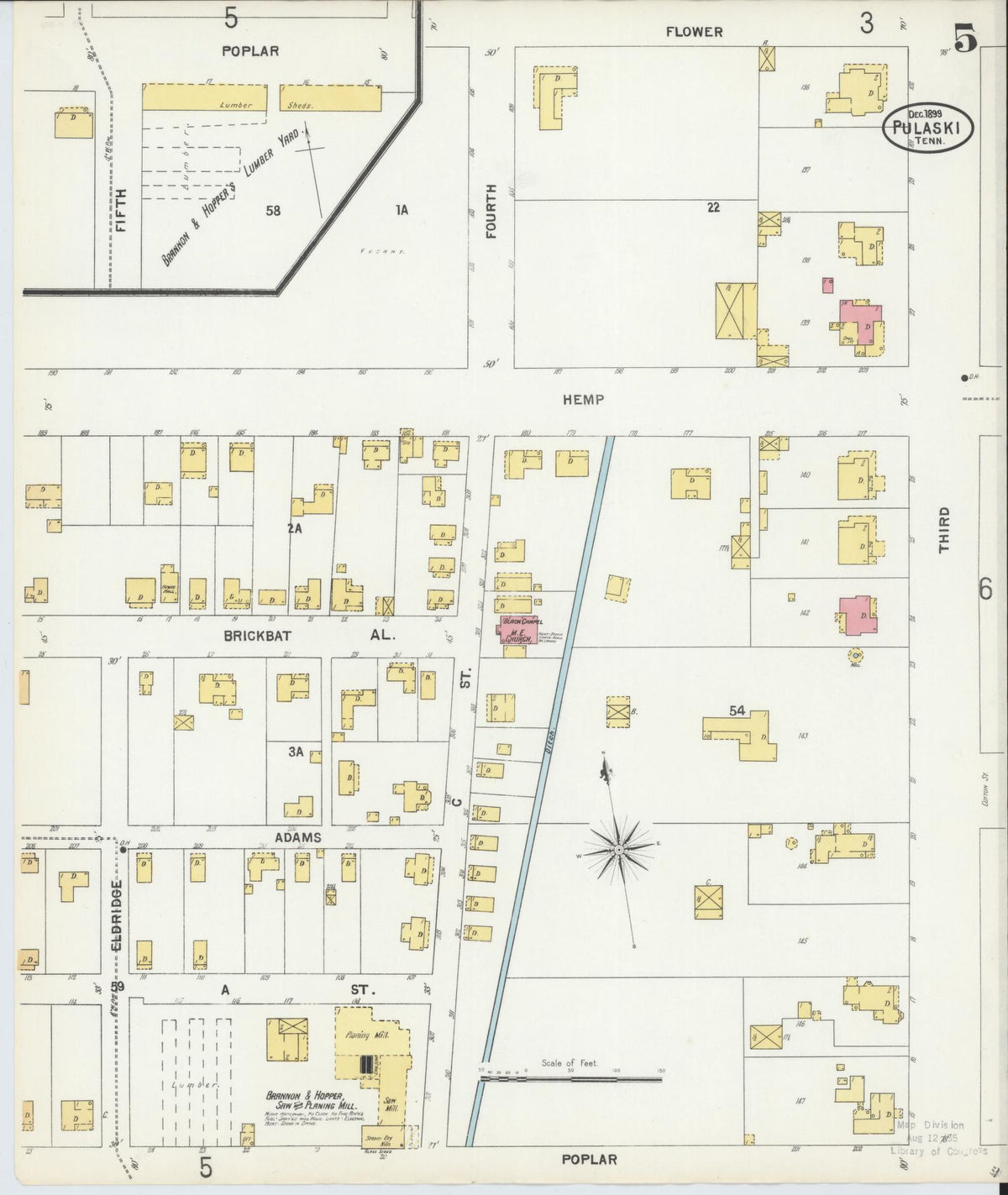 Sanborn Fire Insurance Map from Pulaski, Giles County, Tennessee (1899), Sheet #0005 - Complete Map Set gallery image, historic Sanborn map, vintage wall art, Tennessee Tennessee