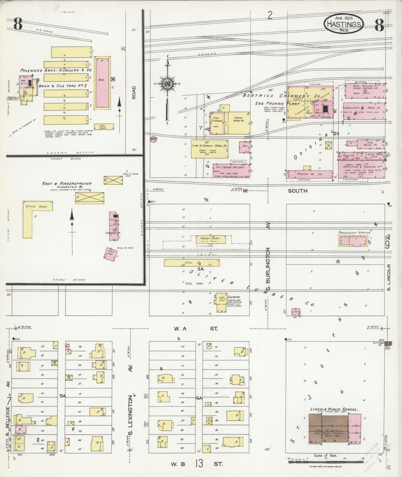 Sanborn Fire Insurance Map from Hastings, Adams County, Nebraska (1924), Sheet #0008 - Historic Sanborn Fire Insurance Map Print, vintage old map wall art, antique decor, genealogy gift, Nebraska Nebraska map