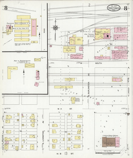 Sanborn Fire Insurance Map from Hastings, Adams County, Nebraska (1924), Sheet #0008 - Historic Sanborn Fire Insurance Map Print, vintage old map wall art, antique decor, genealogy gift, Nebraska Nebraska map
