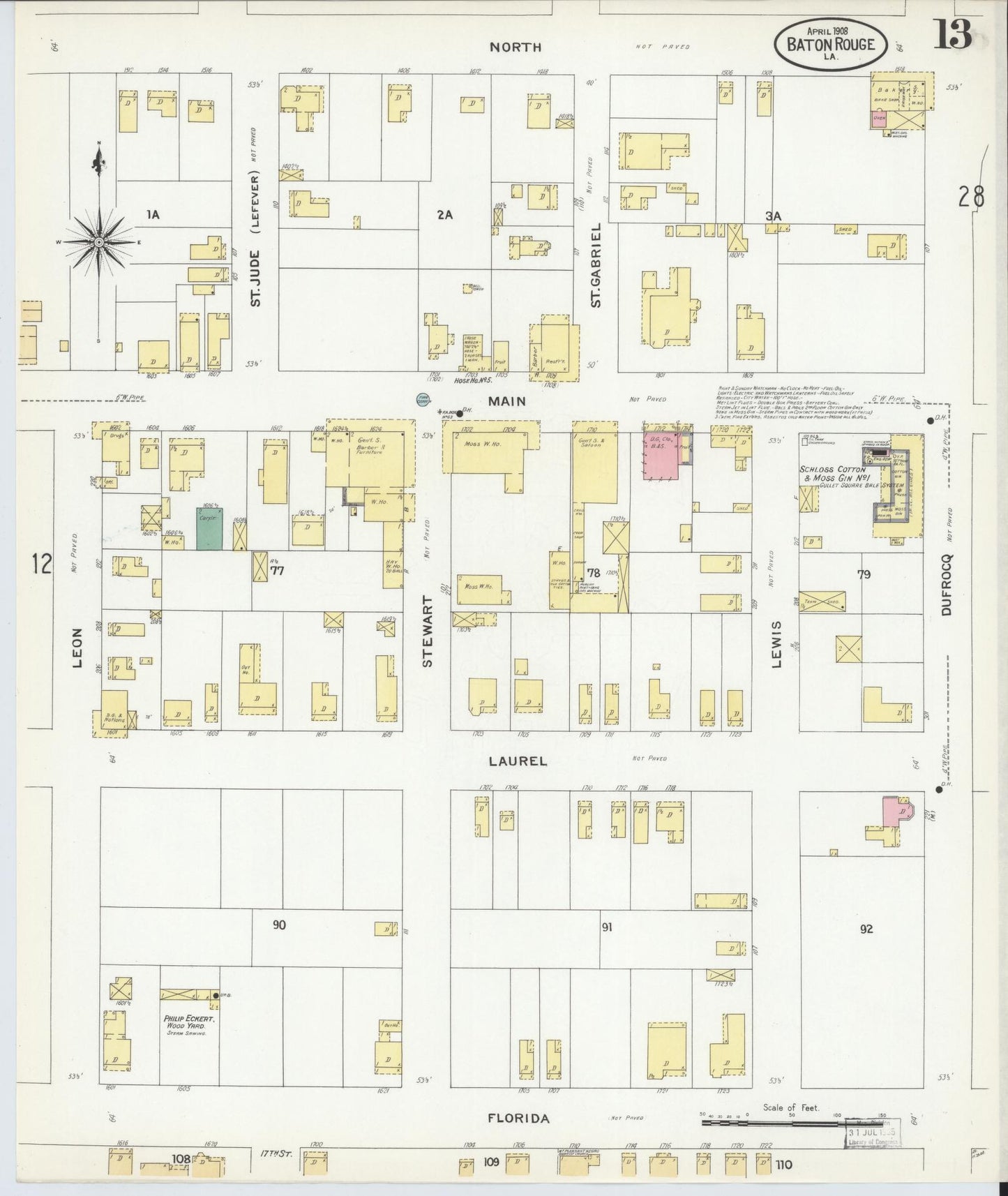 Sanborn Fire Insurance Map from Baton Rouge, East Baton Rouge Parish, Louisiana (1908), Sheet #0013 - Historic Sanborn Fire Insurance Map Print, vintage old map wall art, antique decor, genealogy gift, Louisiana Louisiana map