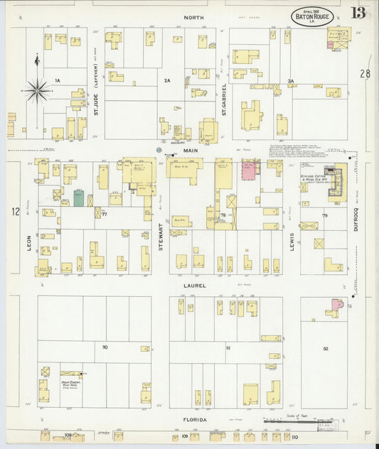 Sanborn Fire Insurance Map from Baton Rouge, East Baton Rouge Parish, Louisiana (1908), Sheet #0013 - Historic Sanborn Fire Insurance Map Print, vintage old map wall art, antique decor, genealogy gift, Louisiana Louisiana map