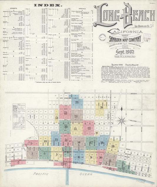 Sanborn Fire Insurance Map from Long Beach, Los Angeles County, California (1902), Sheet #0001 - Complete Map Set gallery image, historic Sanborn map, vintage wall art, California California