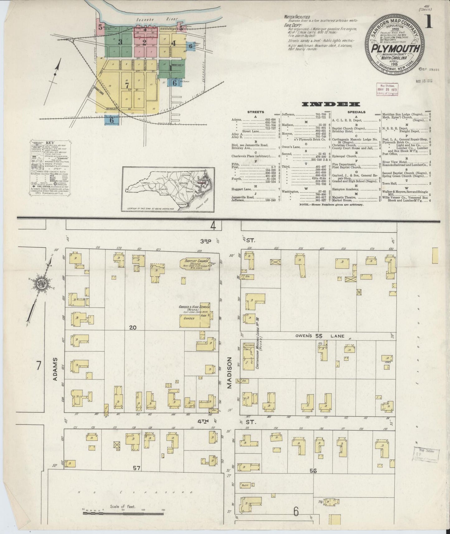 Sanborn Fire Insurance Map from Plymouth, Washington County, North Carolina (1915), Sheet #0001 - Historic Sanborn Fire Insurance Map Print, vintage old map wall art, antique decor, genealogy gift, North Carolina North Carolina map