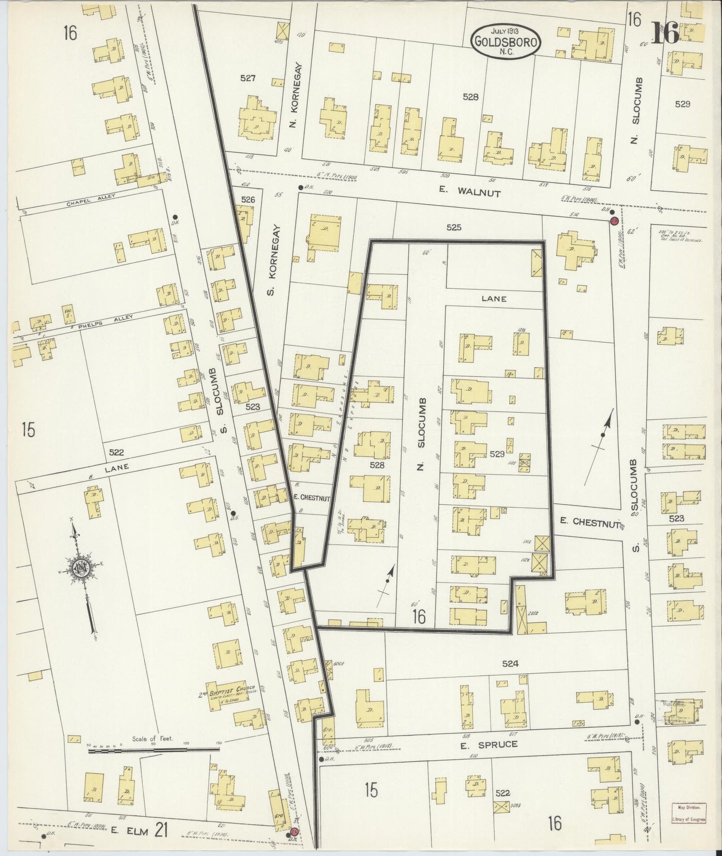 Sanborn Fire Insurance Map from Goldsboro, Wayne County, North Carolina (1913), Sheet #0016 - Complete Map Set gallery image, historic Sanborn map, vintage wall art, North Carolina North Carolina