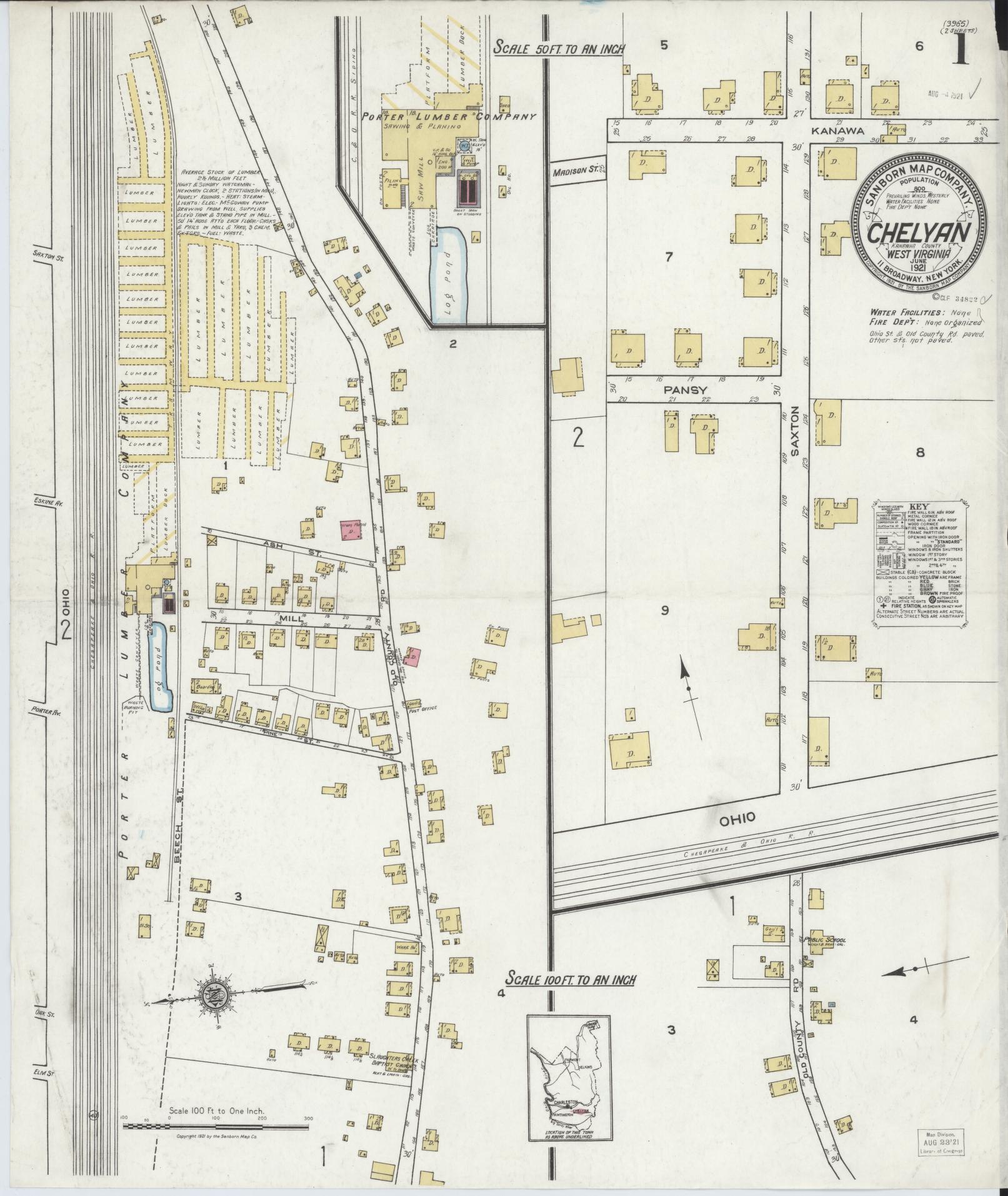 Sanborn Fire Insurance Map from Chelyan, Kanawha County, West Virginia (1921), Sheet #0001 - Complete Map Set gallery image, historic Sanborn map, vintage wall art, West Virginia West Virginia