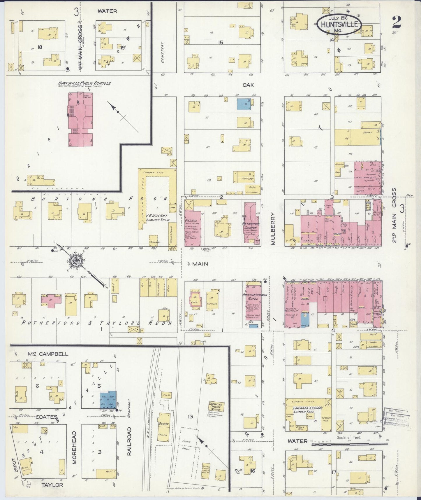 Sanborn Fire Insurance Map from Huntsville, Randolph County, Missouri (1916), Sheet #0002 - Historic Sanborn Fire Insurance Map Print, vintage old map wall art, antique decor, genealogy gift, Missouri Missouri map